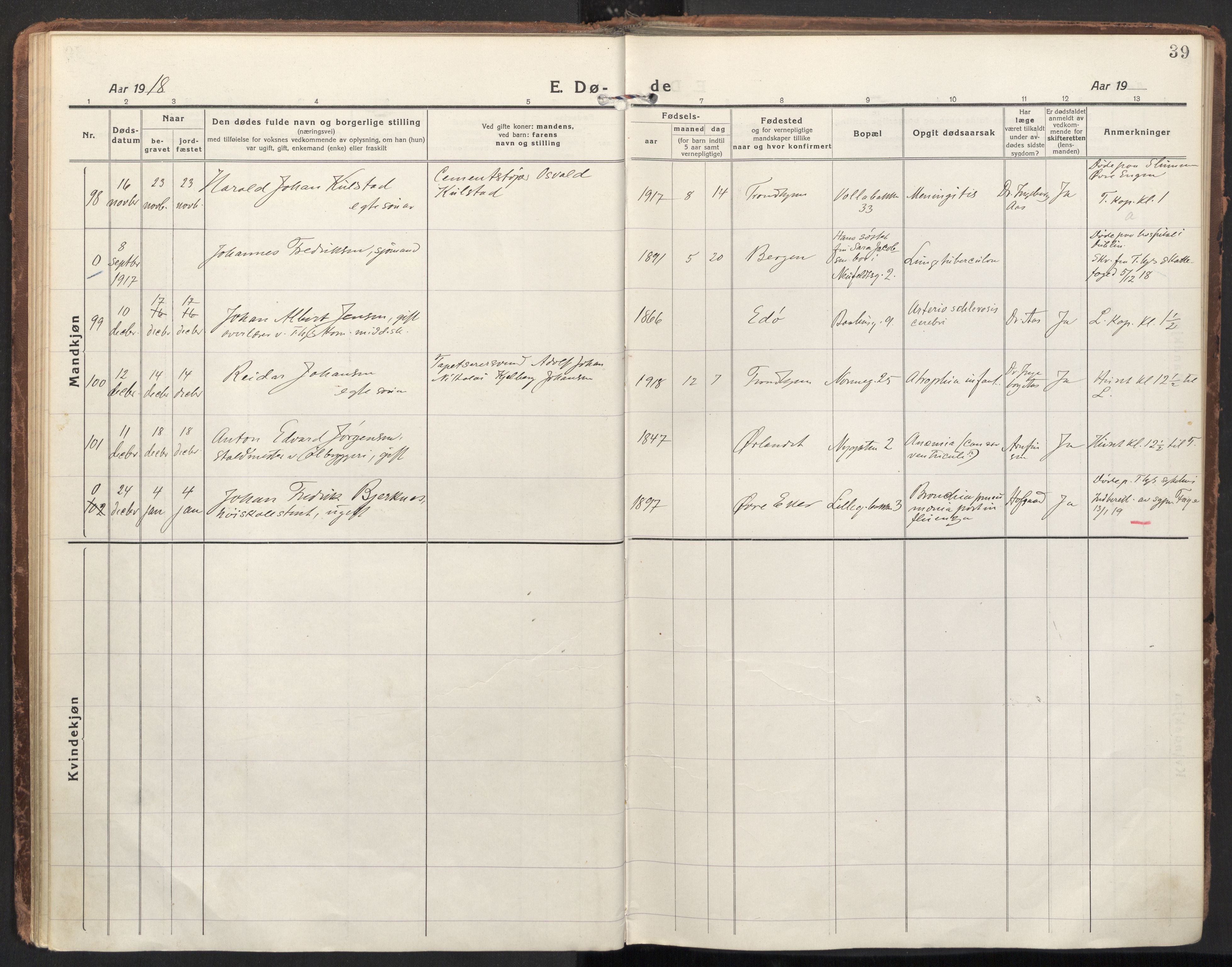Ministerialprotokoller, klokkerbøker og fødselsregistre - Sør-Trøndelag, SAT/A-1456/604/L0207: Parish register (official) no. 604A27, 1917-1933, p. 39