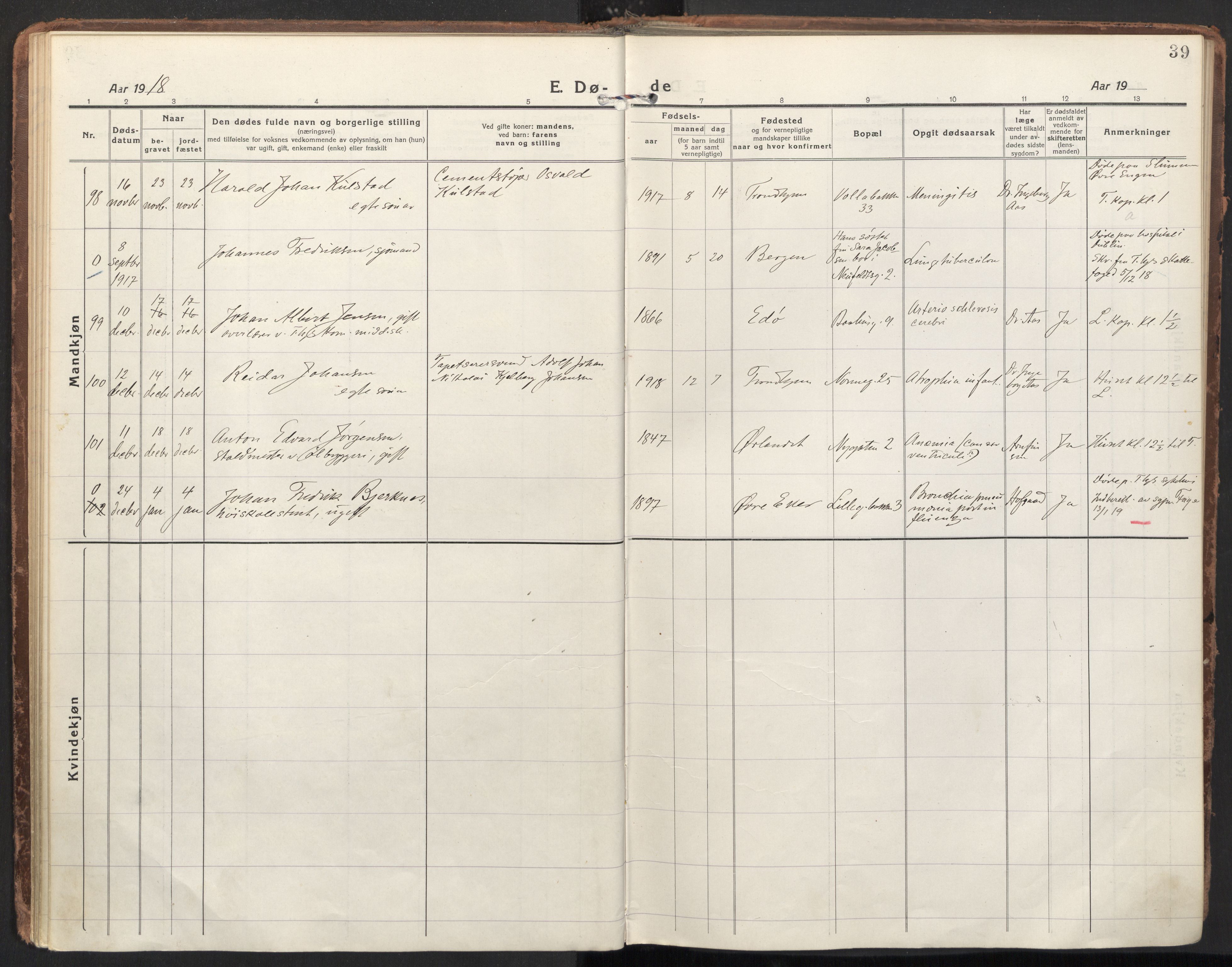 Ministerialprotokoller, klokkerbøker og fødselsregistre - Sør-Trøndelag, AV/SAT-A-1456/604/L0207: Parish register (official) no. 604A27, 1917-1933, p. 39