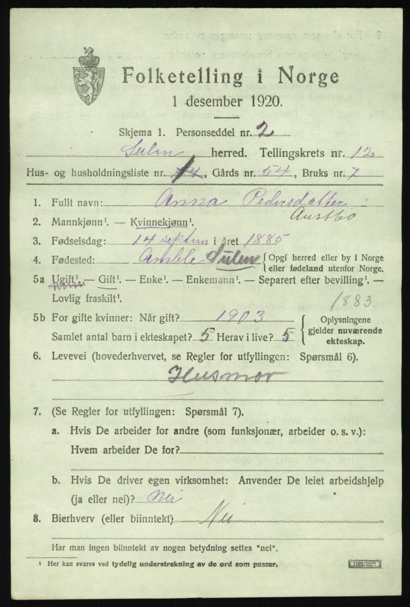 SAB, 1920 census for Solund, 1920, p. 4082