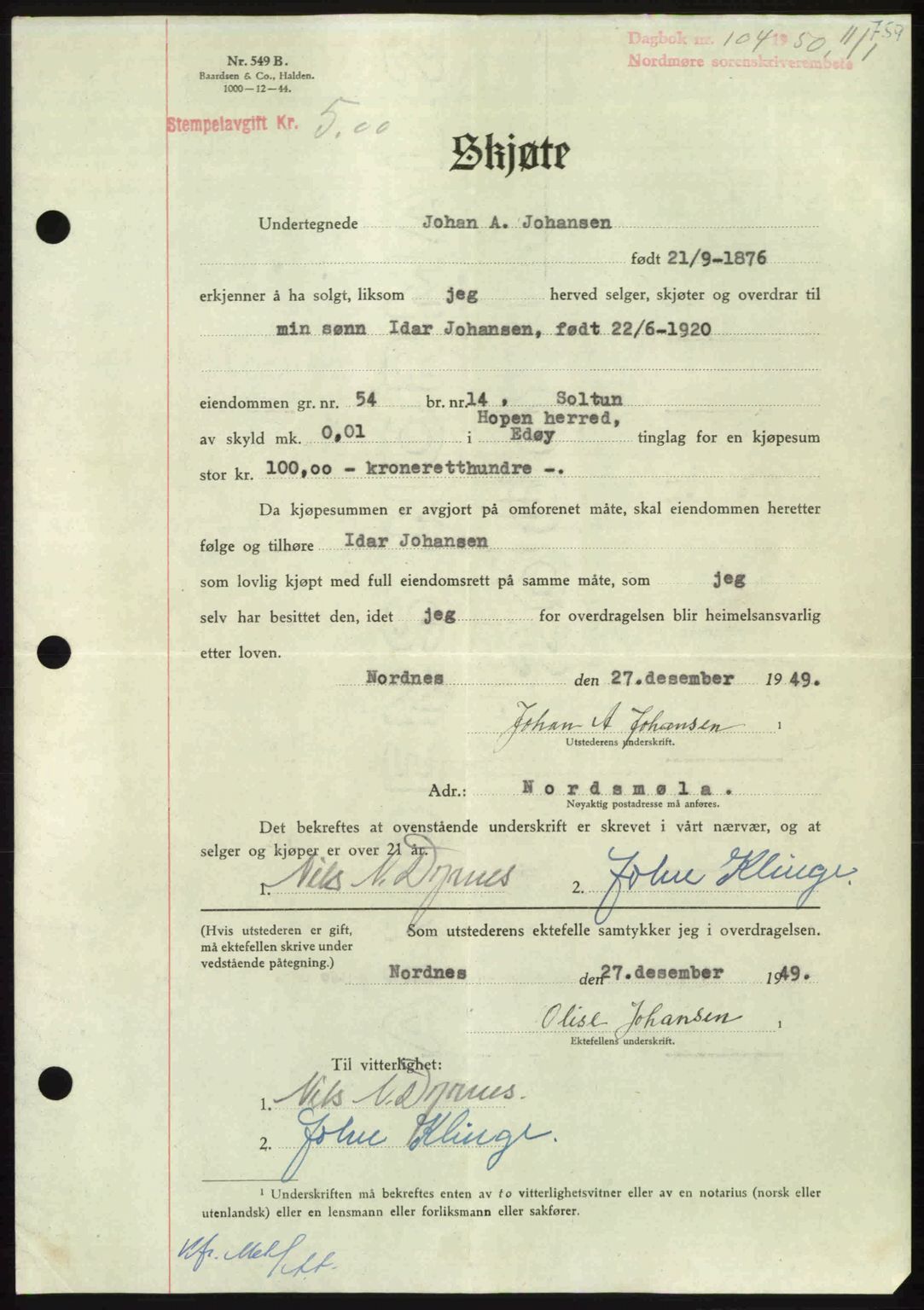 Nordmøre sorenskriveri, AV/SAT-A-4132/1/2/2Ca: Mortgage book no. A113, 1949-1950, Diary no: : 104/1950