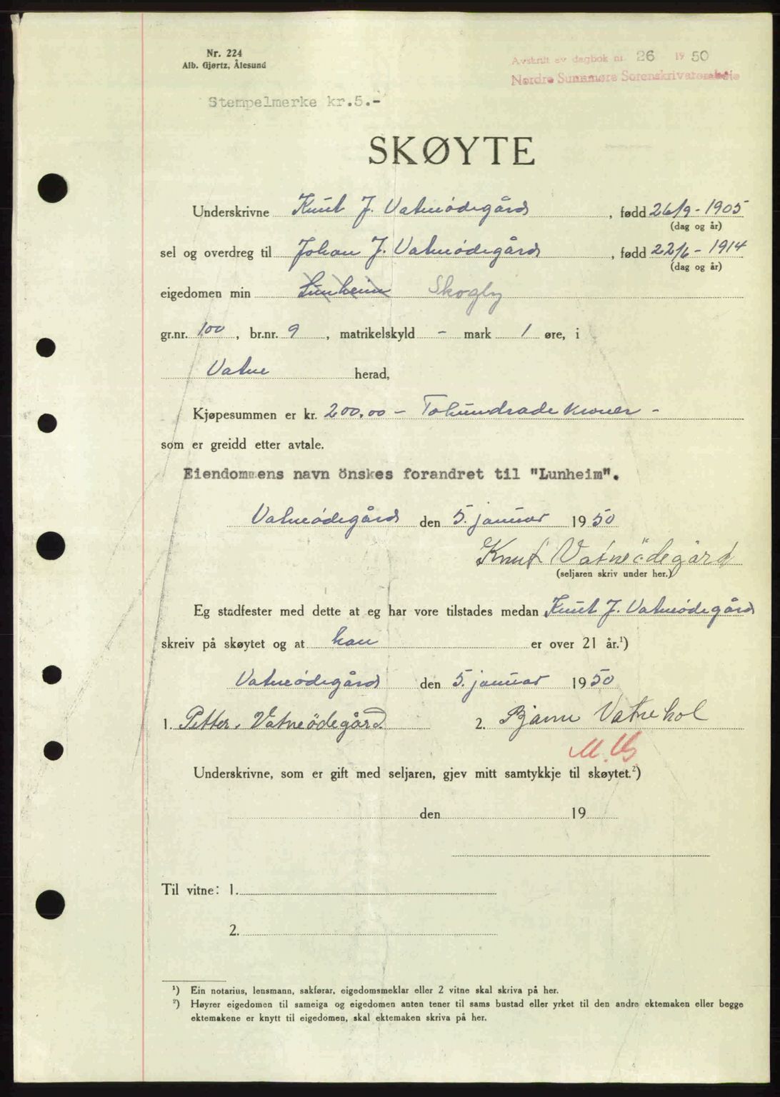 Nordre Sunnmøre sorenskriveri, AV/SAT-A-0006/1/2/2C/2Ca: Mortgage book no. A33, 1949-1950, Diary no: : 26/1950