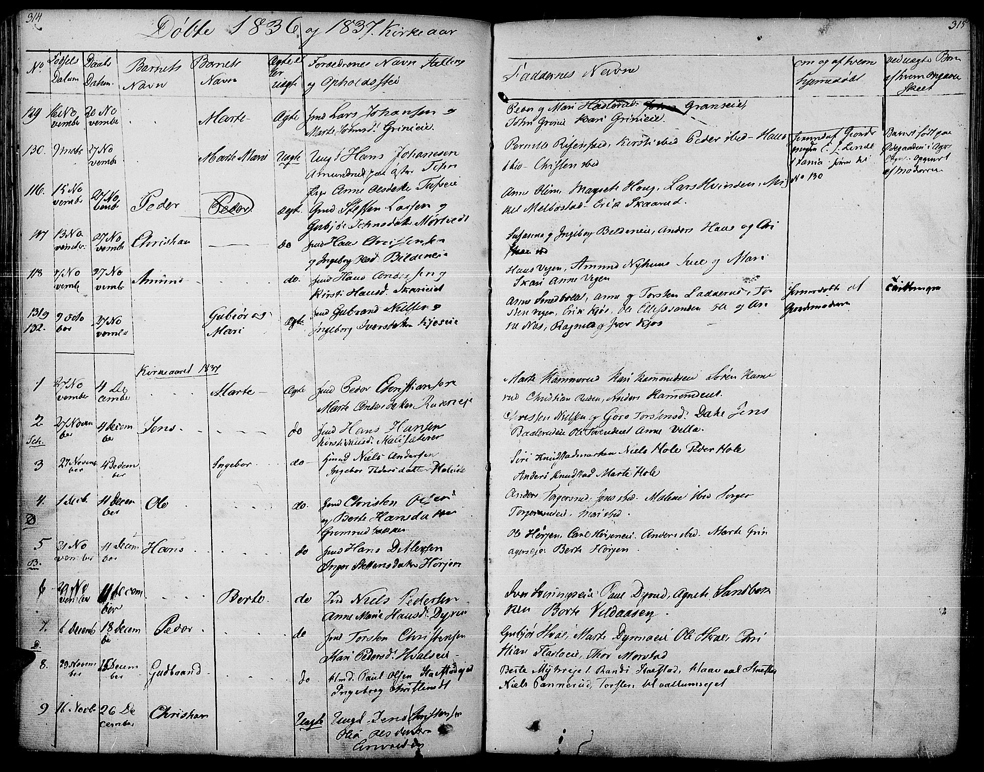 Gran prestekontor, SAH/PREST-112/H/Ha/Haa/L0010: Parish register (official) no. 10, 1824-1842, p. 314-315