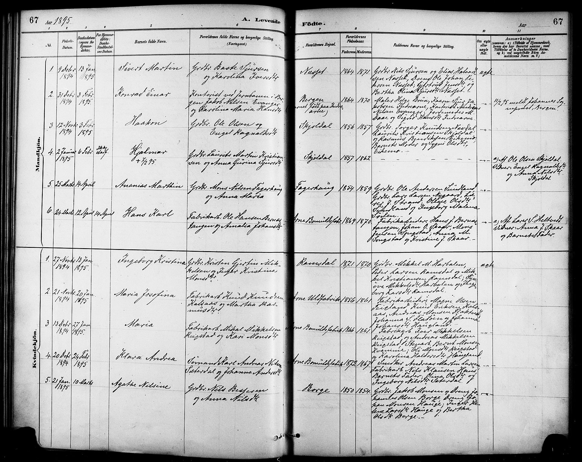 Haus sokneprestembete, SAB/A-75601/H/Haa/Haad/L0001: Parish register (official) no. D 1, 1887-1898, p. 67