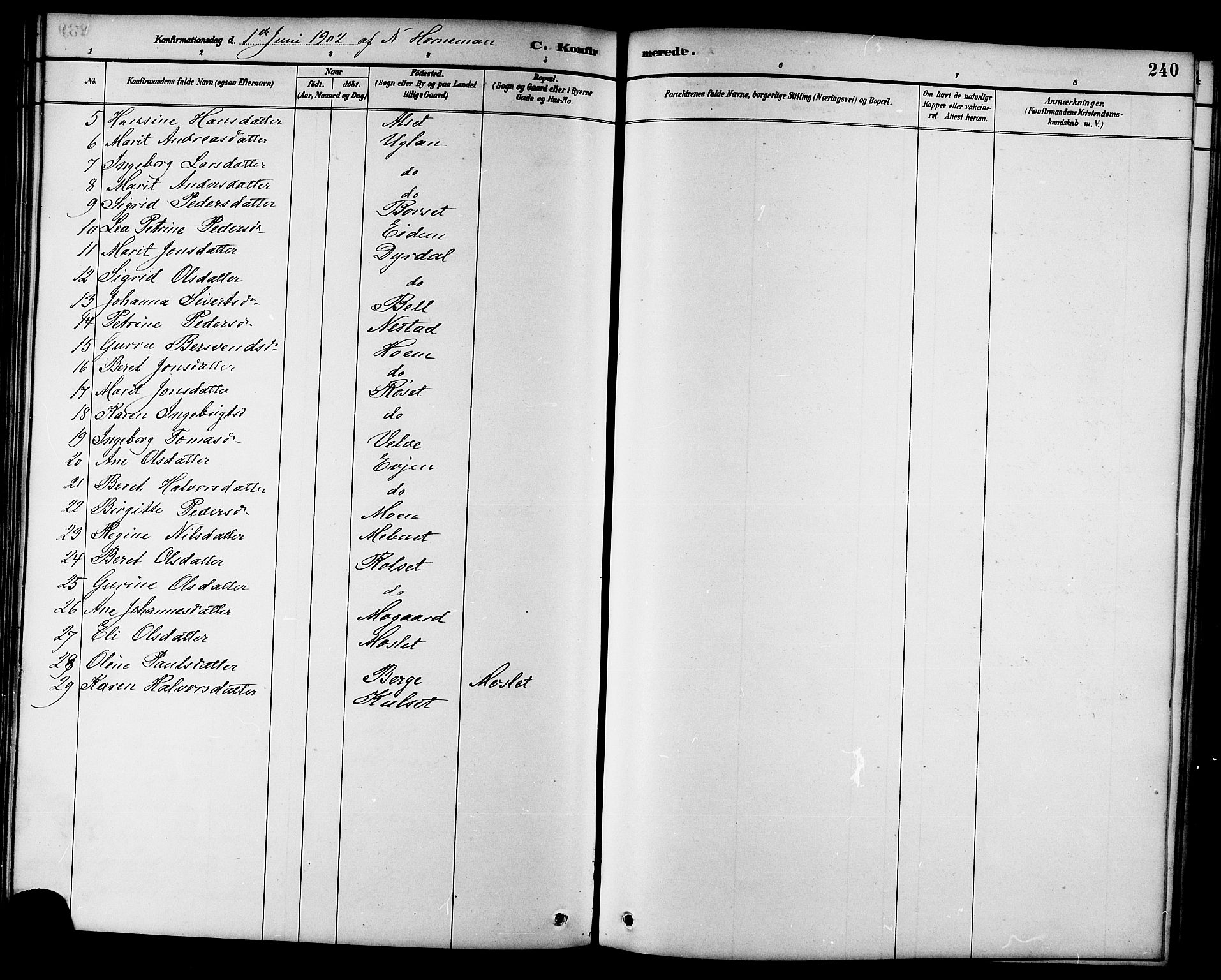 Ministerialprotokoller, klokkerbøker og fødselsregistre - Sør-Trøndelag, AV/SAT-A-1456/695/L1157: Parish register (copy) no. 695C08, 1889-1913, p. 240