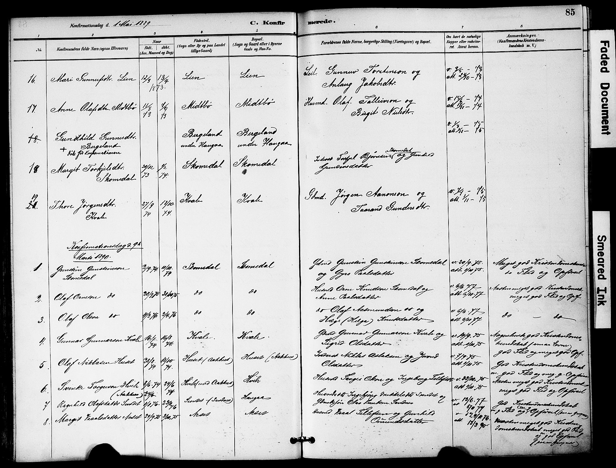 Bygland sokneprestkontor, SAK/1111-0006/F/Fa/Fab/L0007: Parish register (official) no. A 7, 1885-1909, p. 85