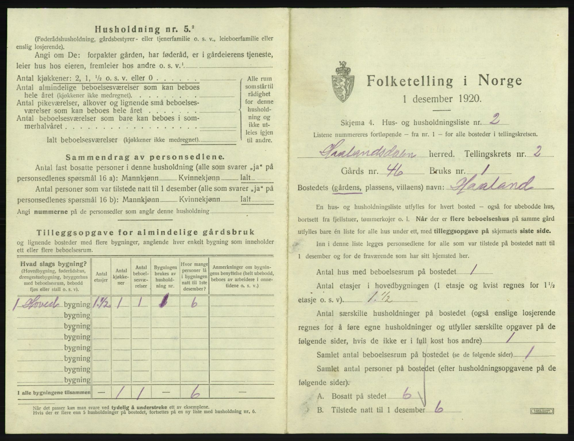 SAB, 1920 census for Hålandsdal, 1920, p. 62