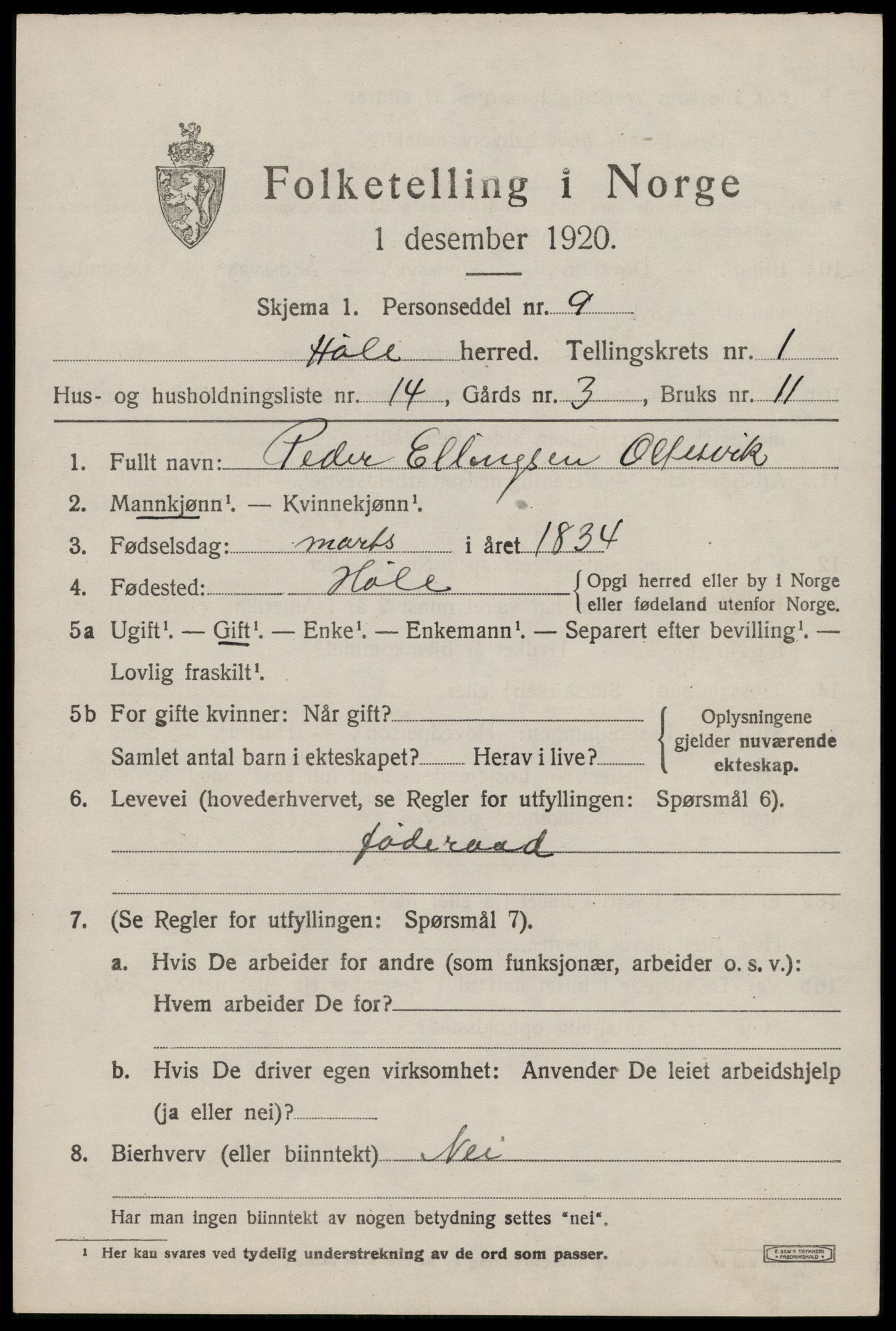 SAST, 1920 census for Høle, 1920, p. 665