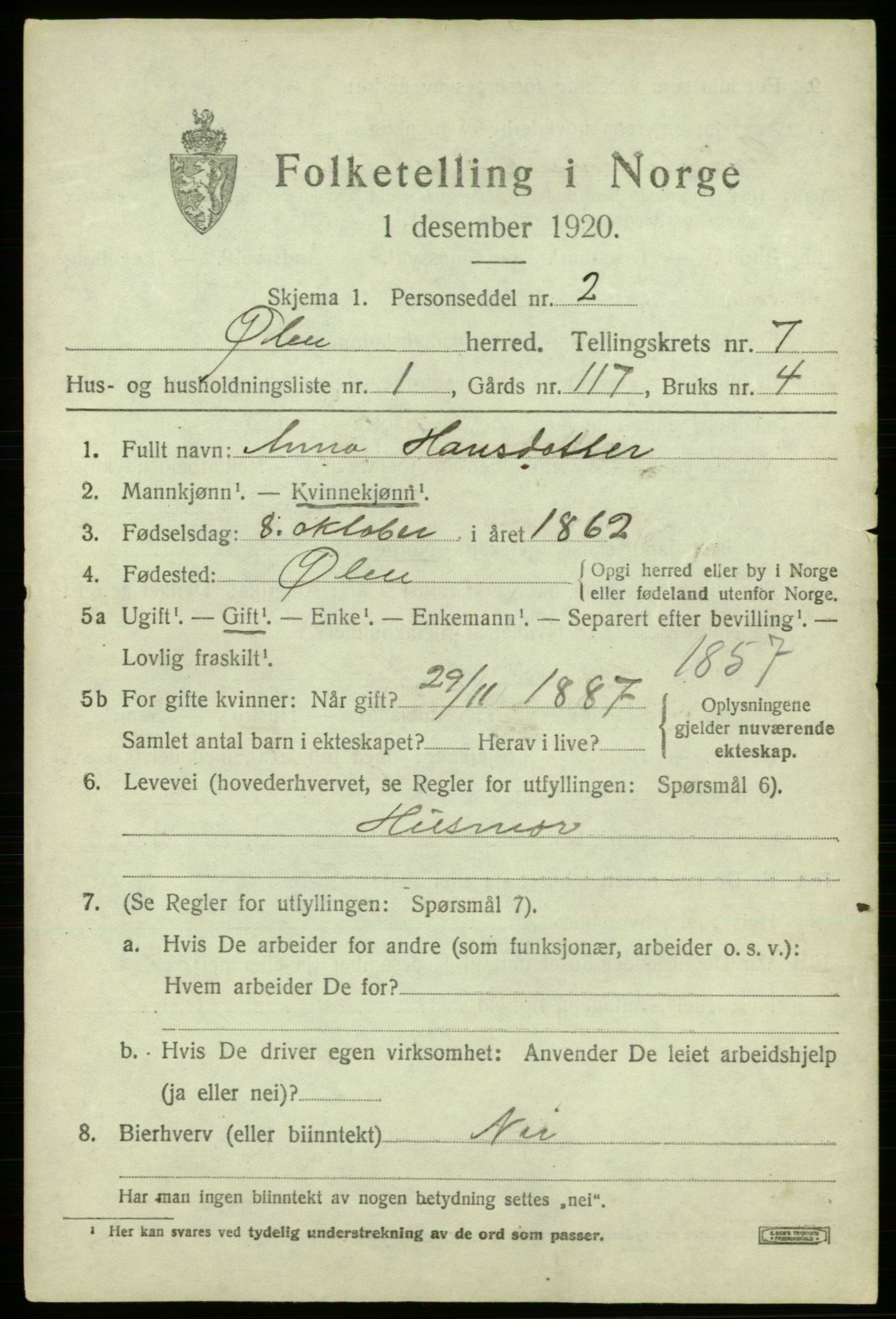 SAB, 1920 census for Ølen, 1920, p. 3159