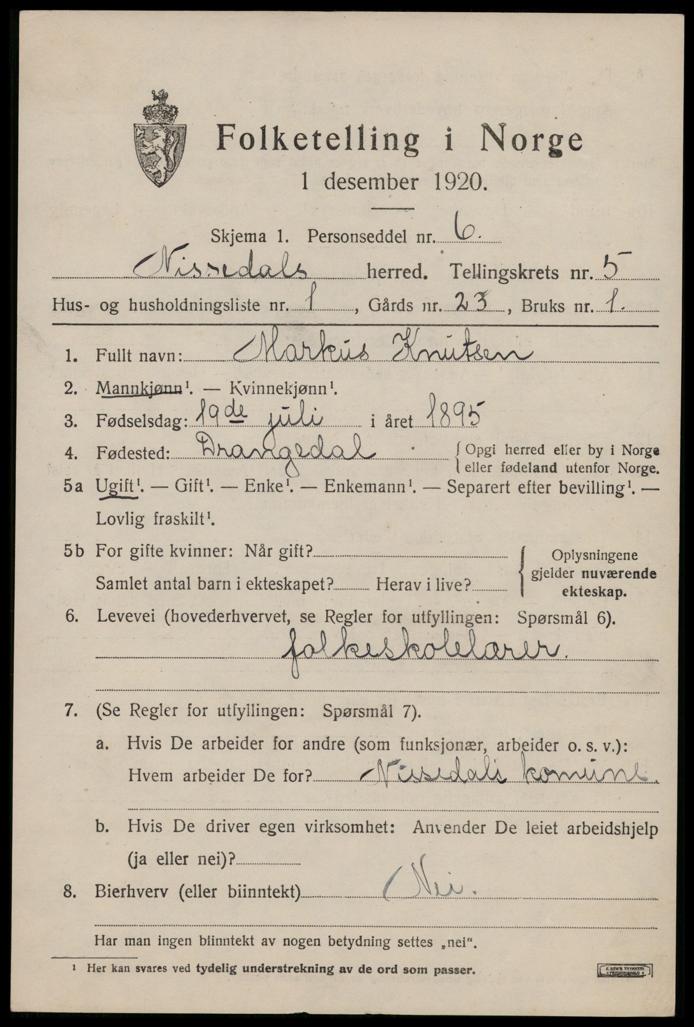 SAKO, 1920 census for Nissedal, 1920, p. 2041