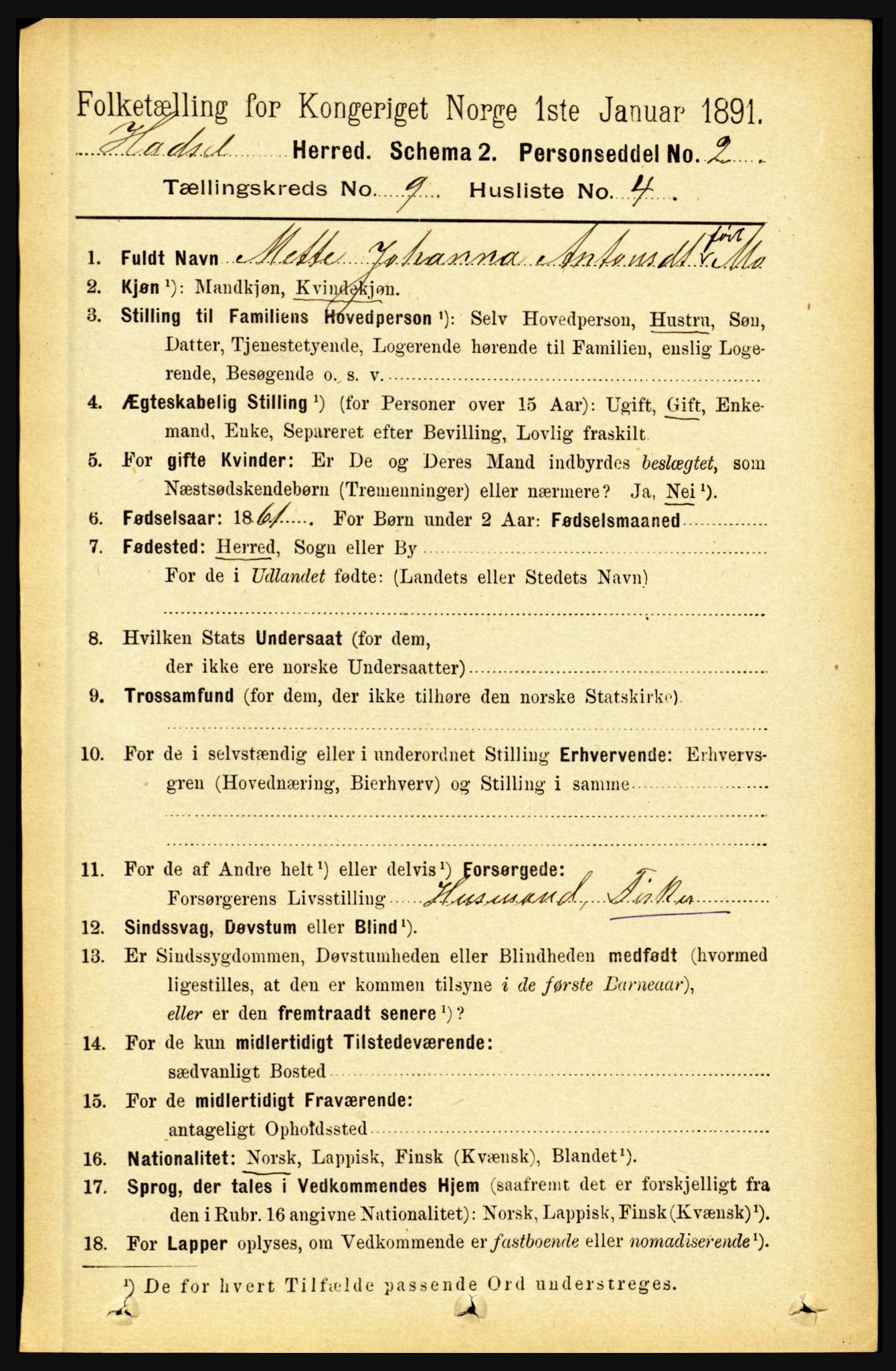 RA, 1891 census for 1866 Hadsel, 1891, p. 3934