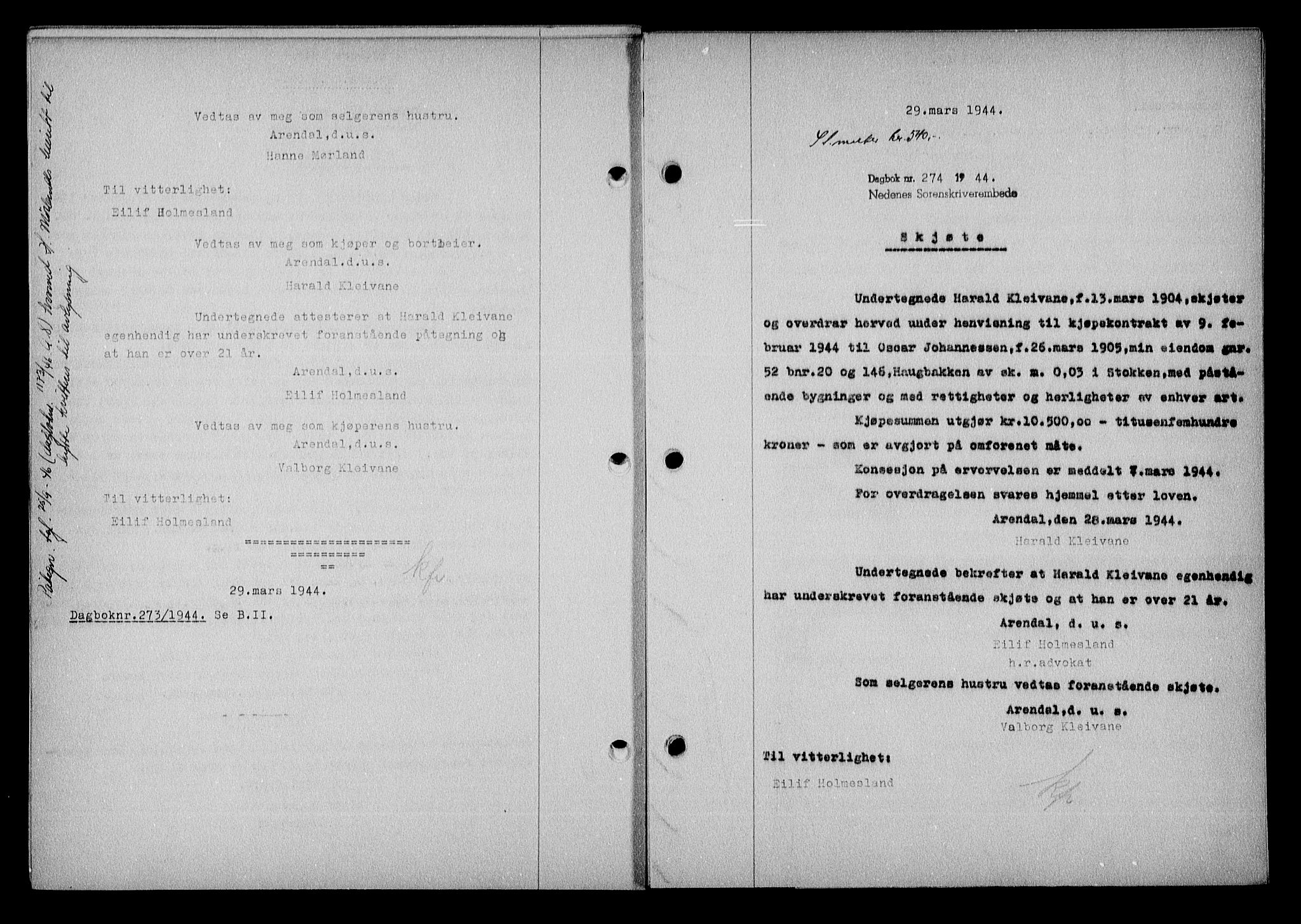 Nedenes sorenskriveri, SAK/1221-0006/G/Gb/Gba/L0051: Mortgage book no. A-V, 1943-1944, Diary no: : 274/1944