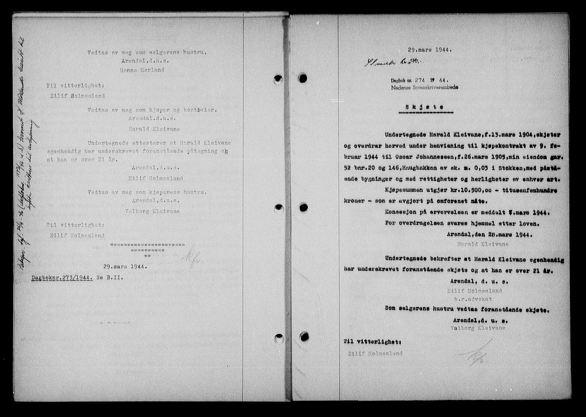 Nedenes sorenskriveri, AV/SAK-1221-0006/G/Gb/Gba/L0051: Mortgage book no. A-V, 1943-1944, Diary no: : 274/1944