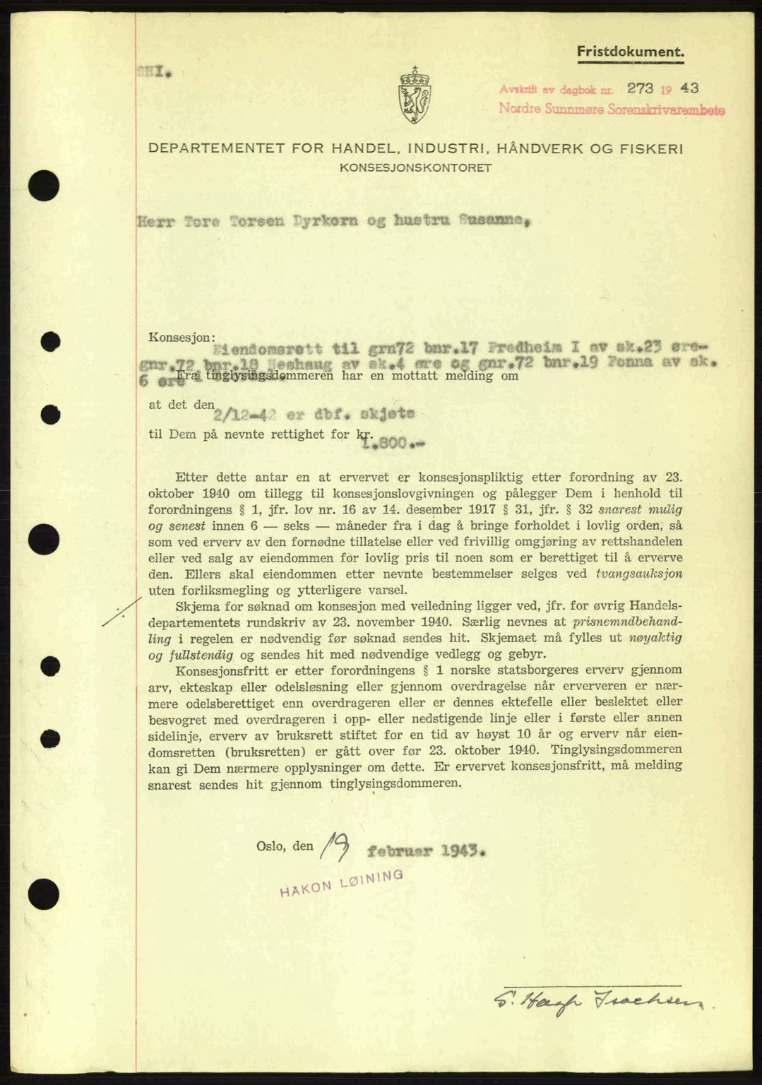 Nordre Sunnmøre sorenskriveri, SAT/A-0006/1/2/2C/2Ca: Mortgage book no. B6-14 a, 1942-1945, Diary no: : 273/1943
