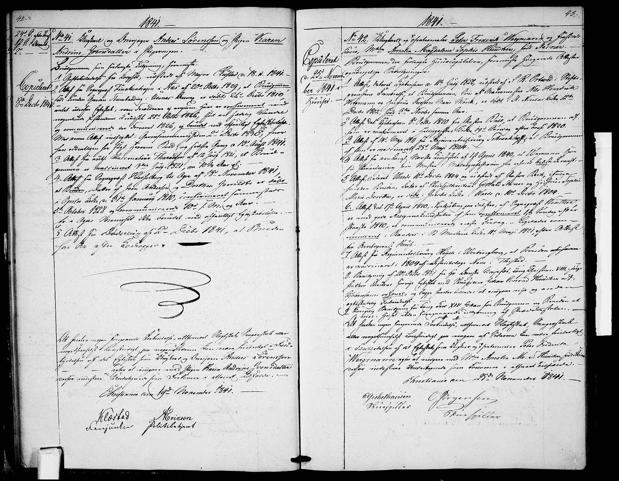 Garnisonsmenigheten Kirkebøker, AV/SAO-A-10846/H/Ha/L0004: Banns register no. I 4, 1840-1844, p. 42-43