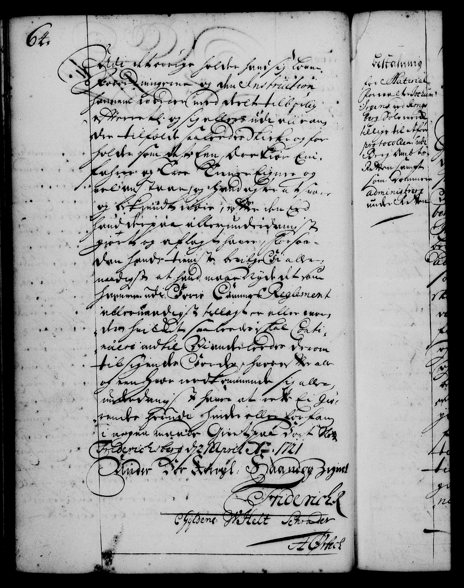 Rentekammeret, Kammerkanselliet, RA/EA-3111/G/Gg/Gge/L0001: Norsk bestallingsprotokoll med register (merket RK 53.25), 1720-1730, p. 64