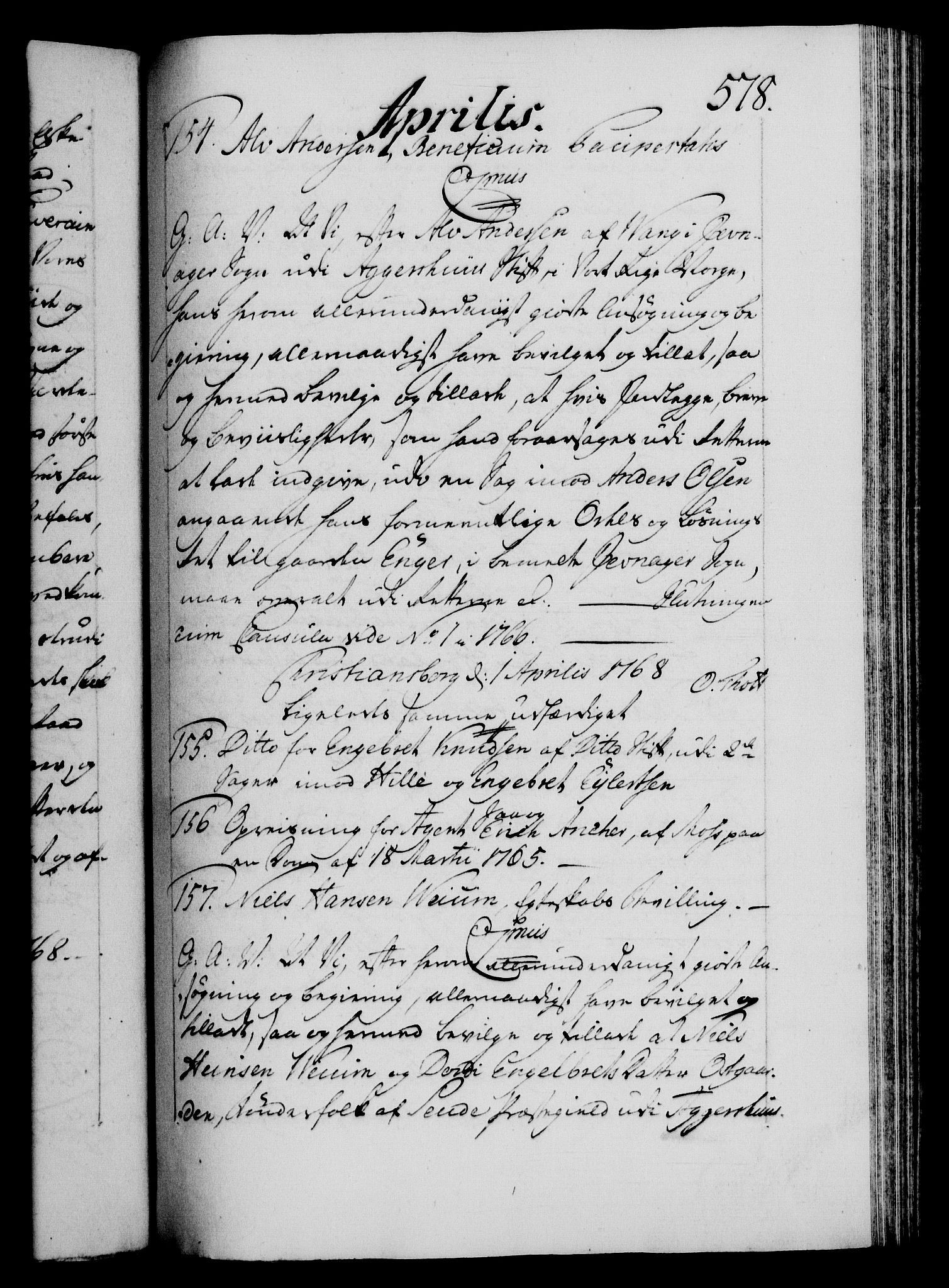 Danske Kanselli 1572-1799, AV/RA-EA-3023/F/Fc/Fca/Fcaa/L0043: Norske registre, 1766-1768, p. 578a