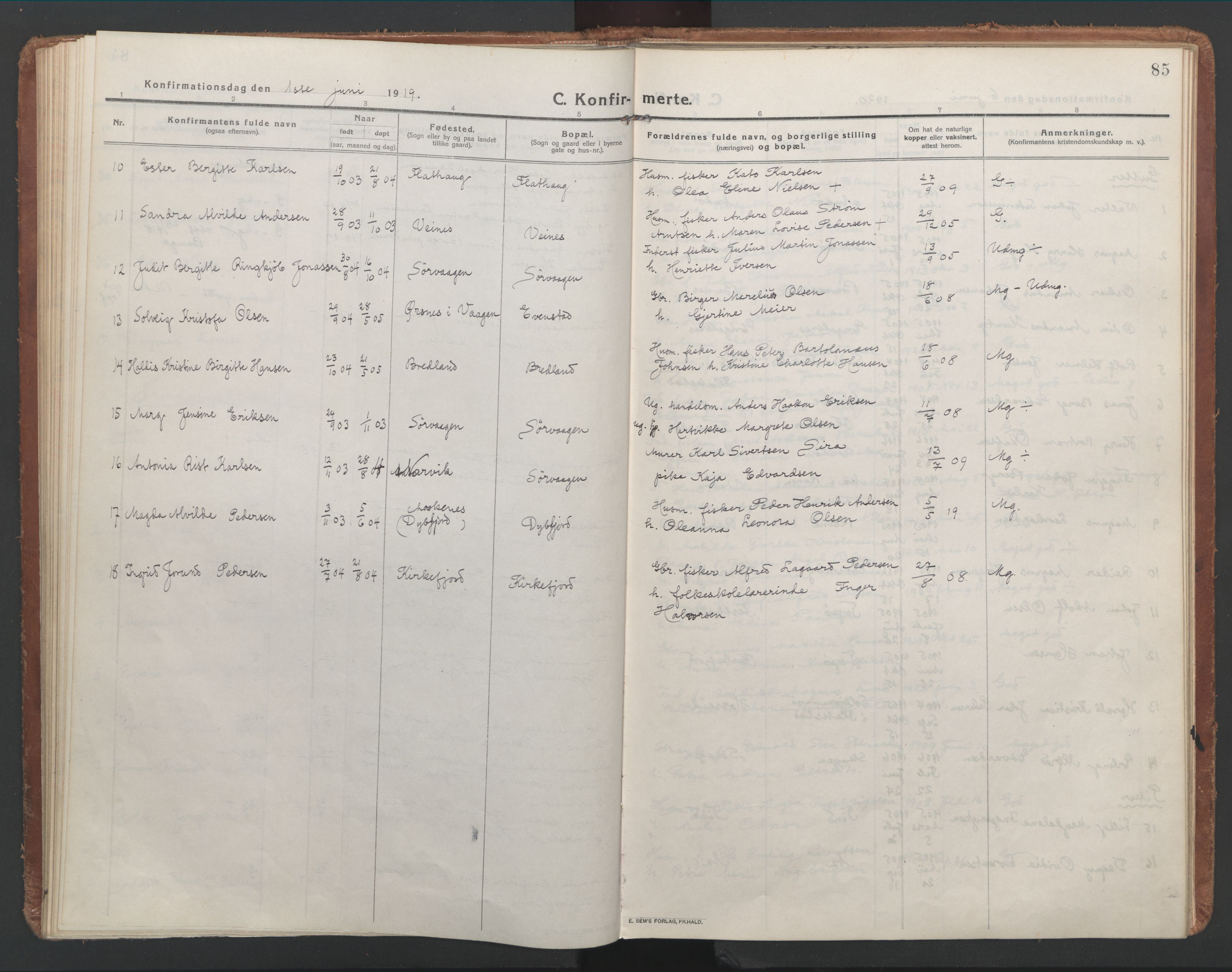 Ministerialprotokoller, klokkerbøker og fødselsregistre - Nordland, SAT/A-1459/886/L1222: Parish register (official) no. 886A04, 1914-1926, p. 85