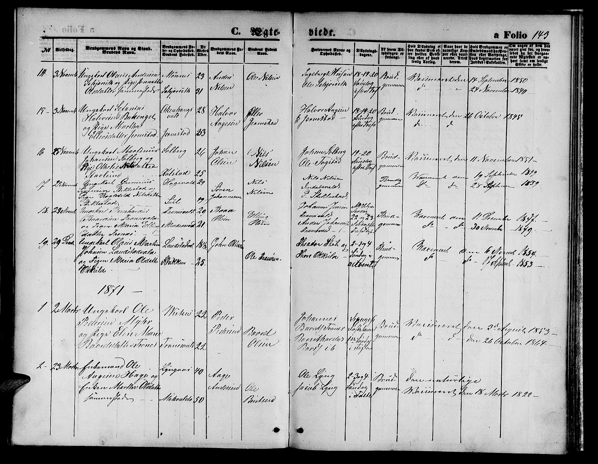 Ministerialprotokoller, klokkerbøker og fødselsregistre - Nord-Trøndelag, AV/SAT-A-1458/723/L0255: Parish register (copy) no. 723C03, 1869-1879, p. 143