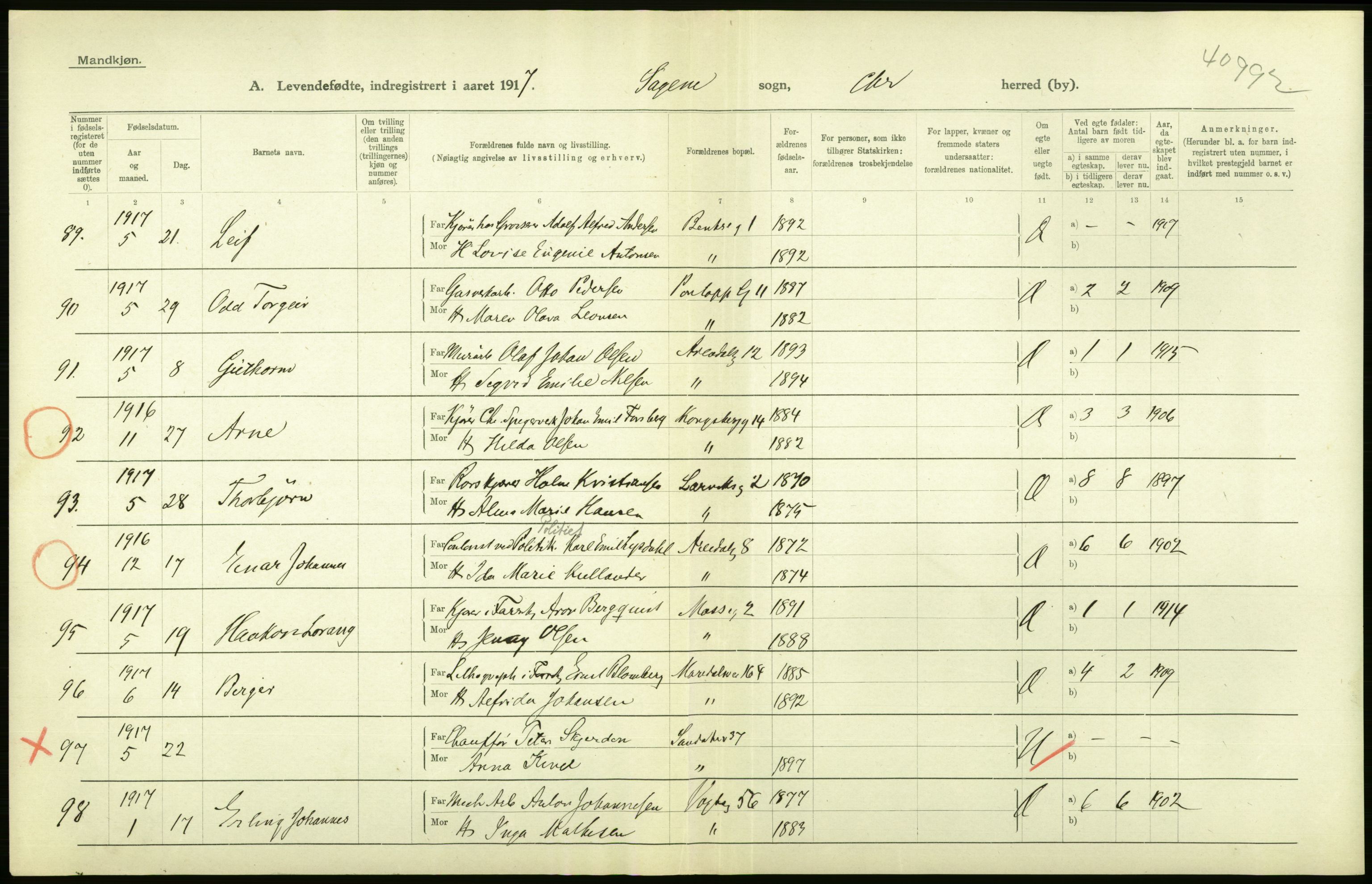 Statistisk sentralbyrå, Sosiodemografiske emner, Befolkning, AV/RA-S-2228/D/Df/Dfb/Dfbg/L0007: Kristiania: Levendefødte menn og kvinner., 1917, p. 104