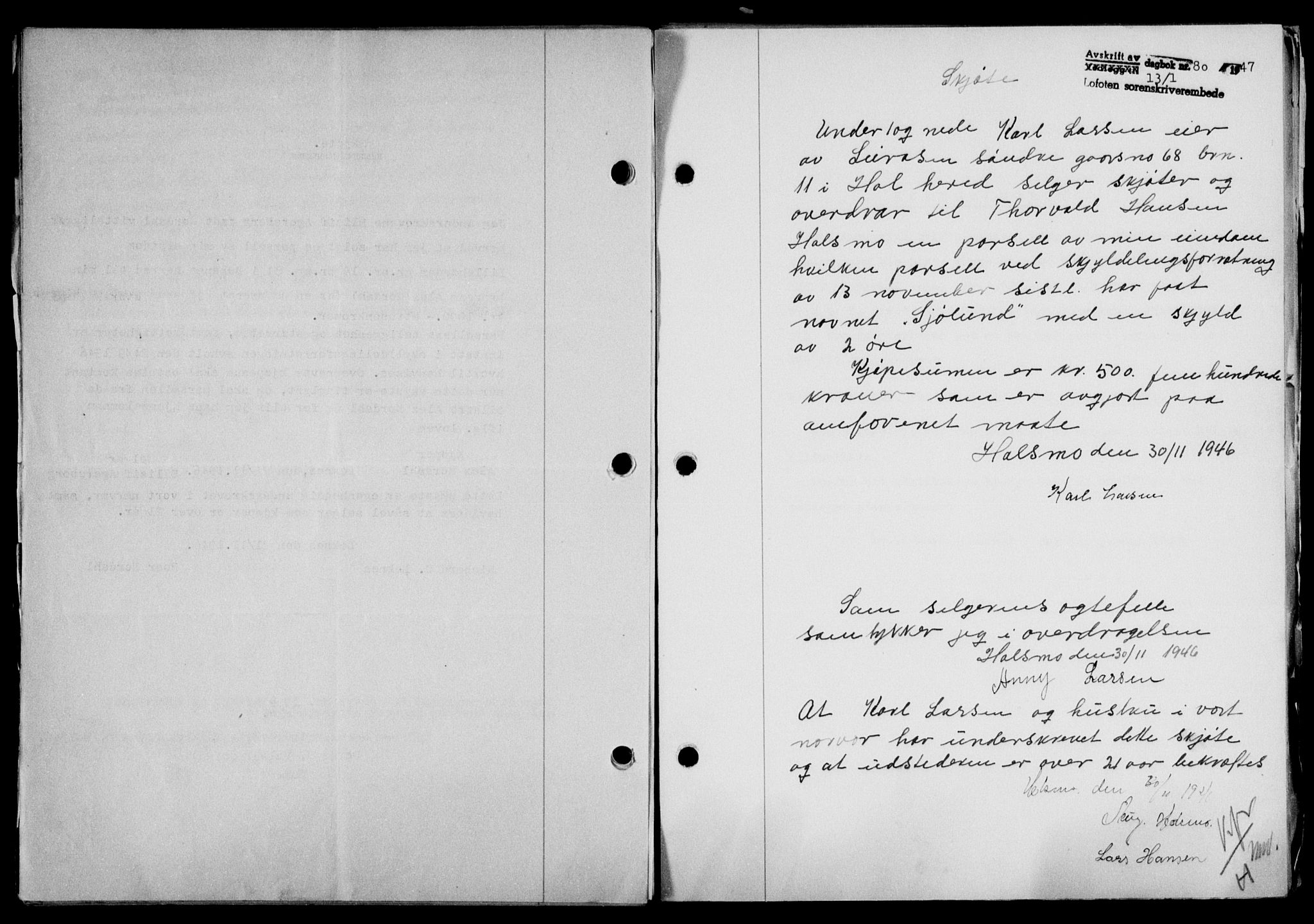 Lofoten sorenskriveri, SAT/A-0017/1/2/2C/L0015a: Mortgage book no. 15a, 1946-1947, Diary no: : 80/1947