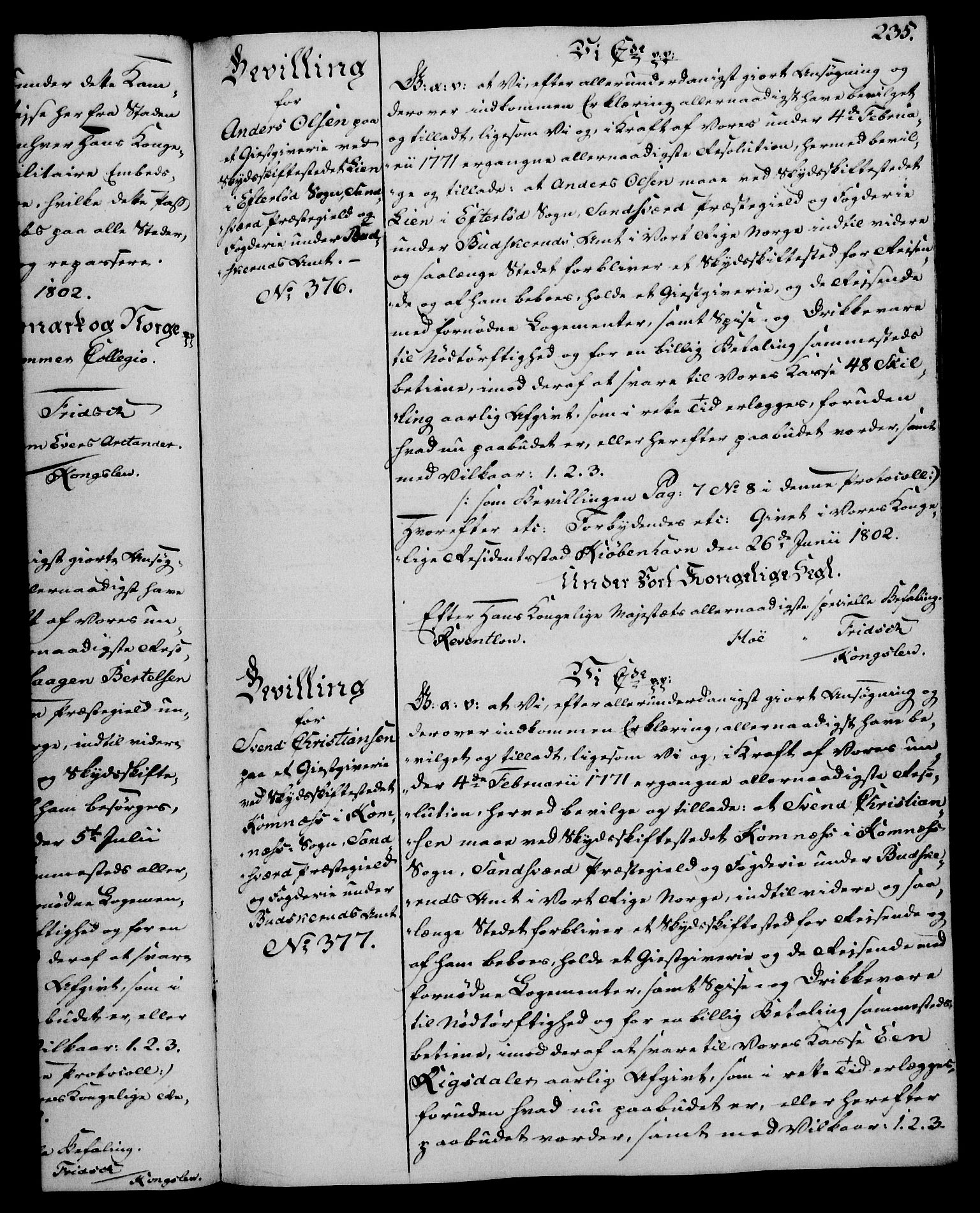 Rentekammeret, Kammerkanselliet, AV/RA-EA-3111/G/Gg/Gga/L0017: Norsk ekspedisjonsprotokoll med register (merket RK 53.17), 1801-1803, p. 235