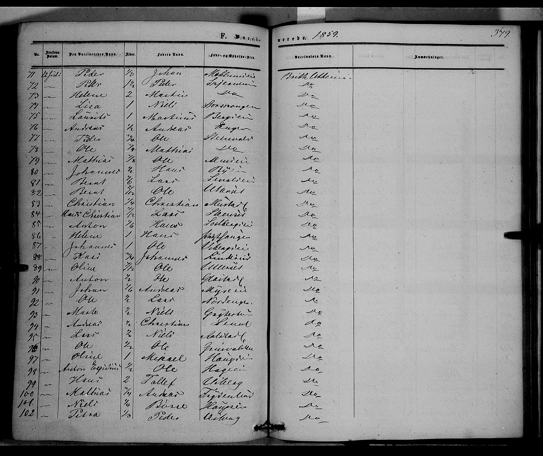 Vardal prestekontor, SAH/PREST-100/H/Ha/Haa/L0006: Parish register (official) no. 6, 1854-1866, p. 379