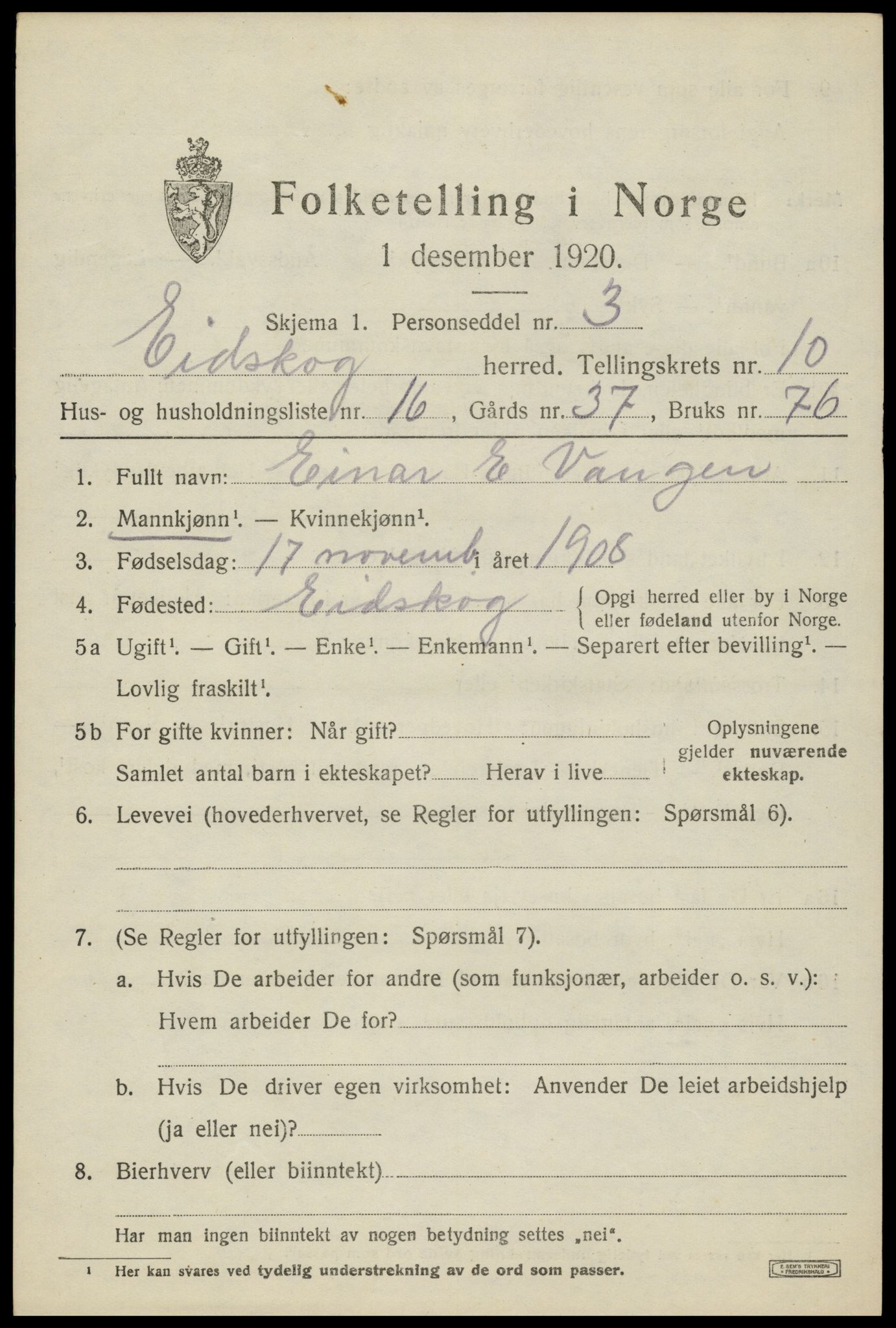SAH, 1920 census for Eidskog, 1920, p. 11305