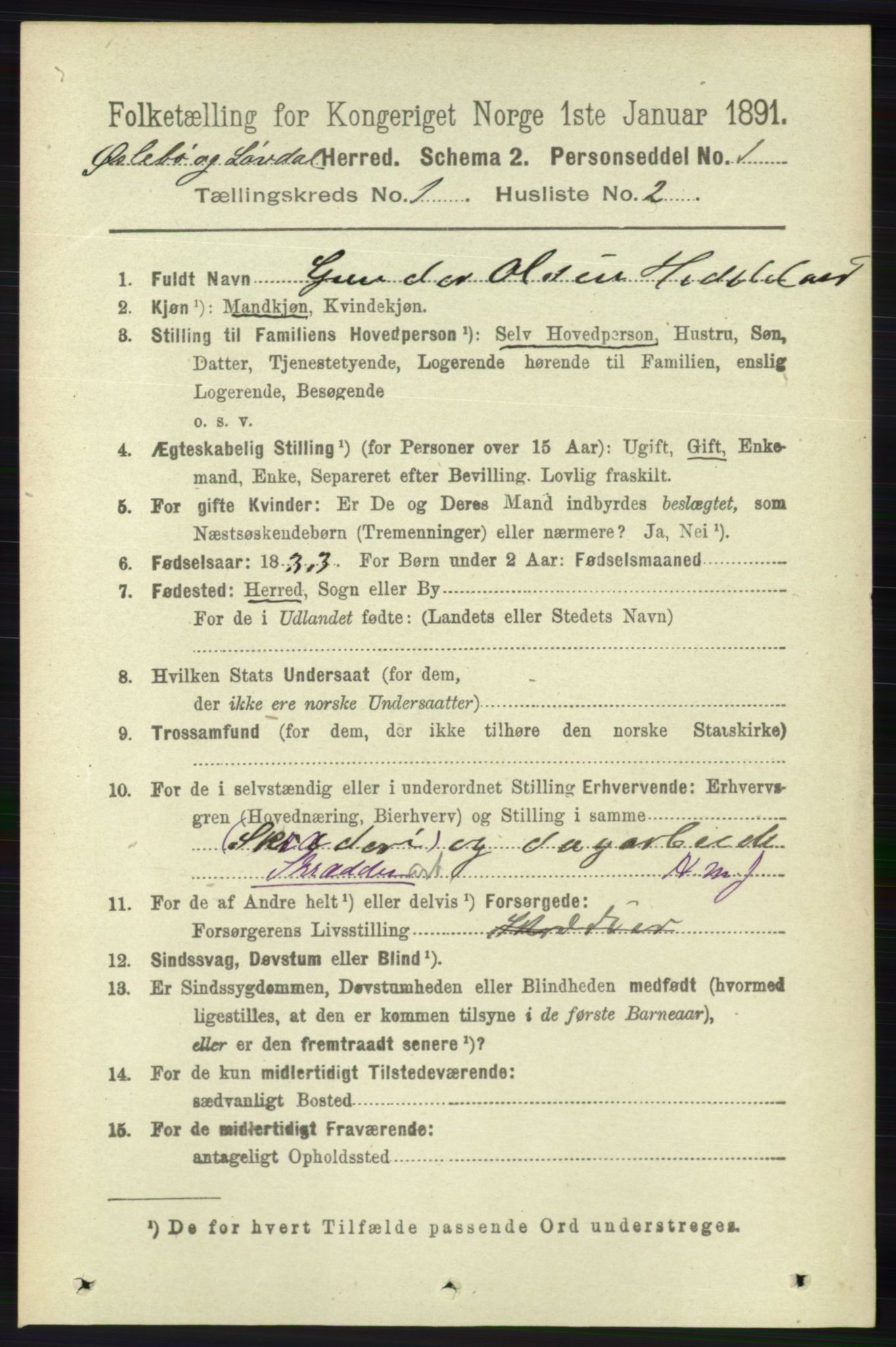 RA, 1891 census for 1021 Øyslebø og Laudal, 1891, p. 86