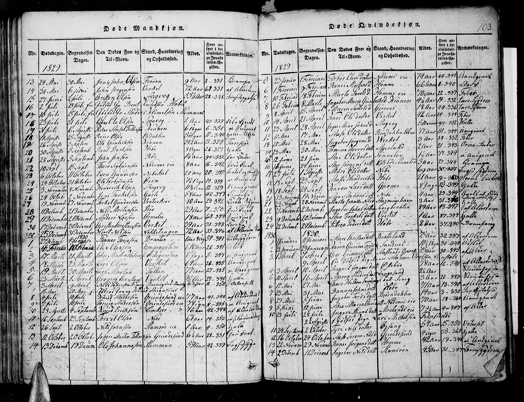 Søndeled sokneprestkontor, AV/SAK-1111-0038/F/Fb/L0002: Parish register (copy) no. B 2, 1816-1839, p. 103