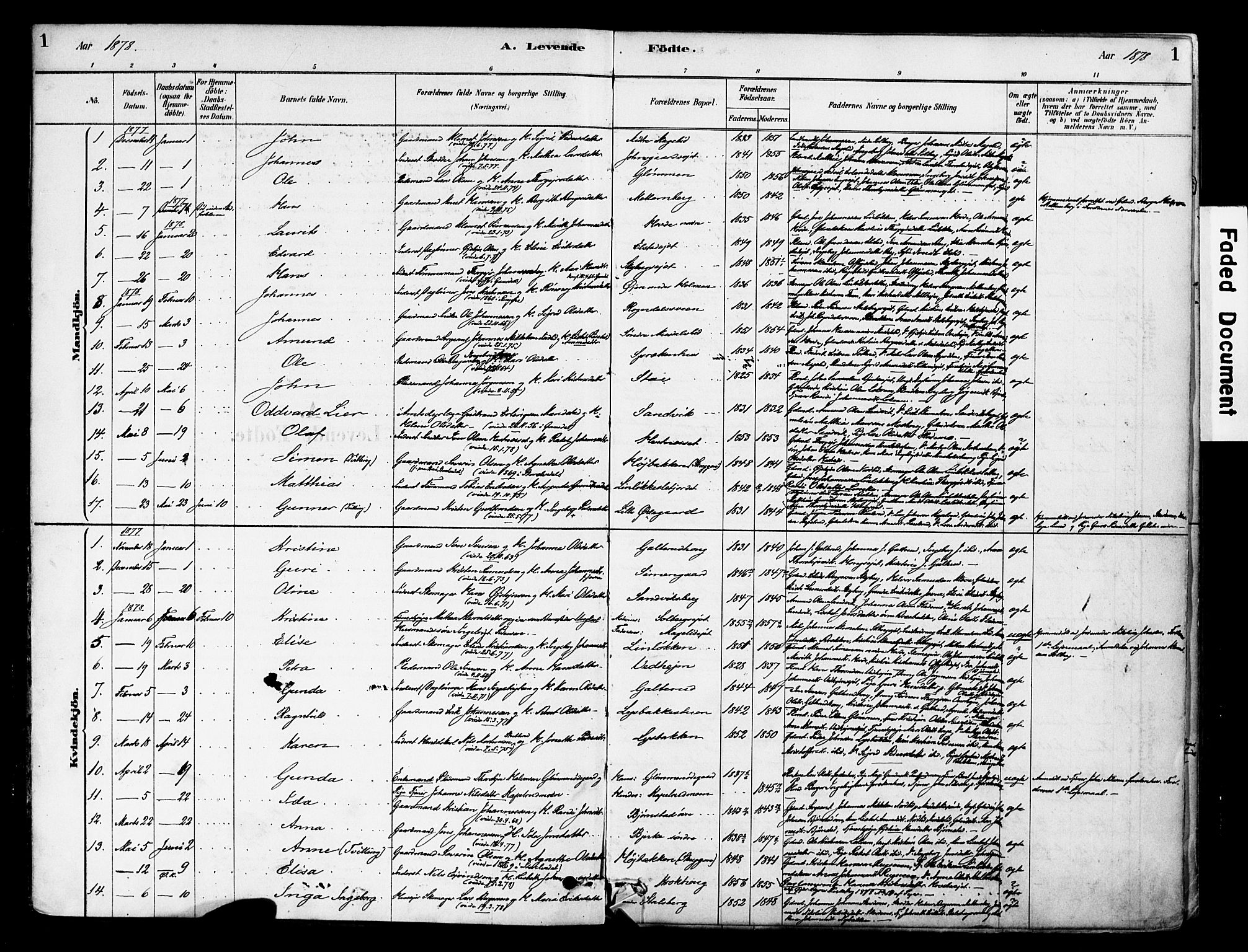Øyer prestekontor, AV/SAH-PREST-084/H/Ha/Haa/L0009: Parish register (official) no. 9, 1878-1893, p. 1