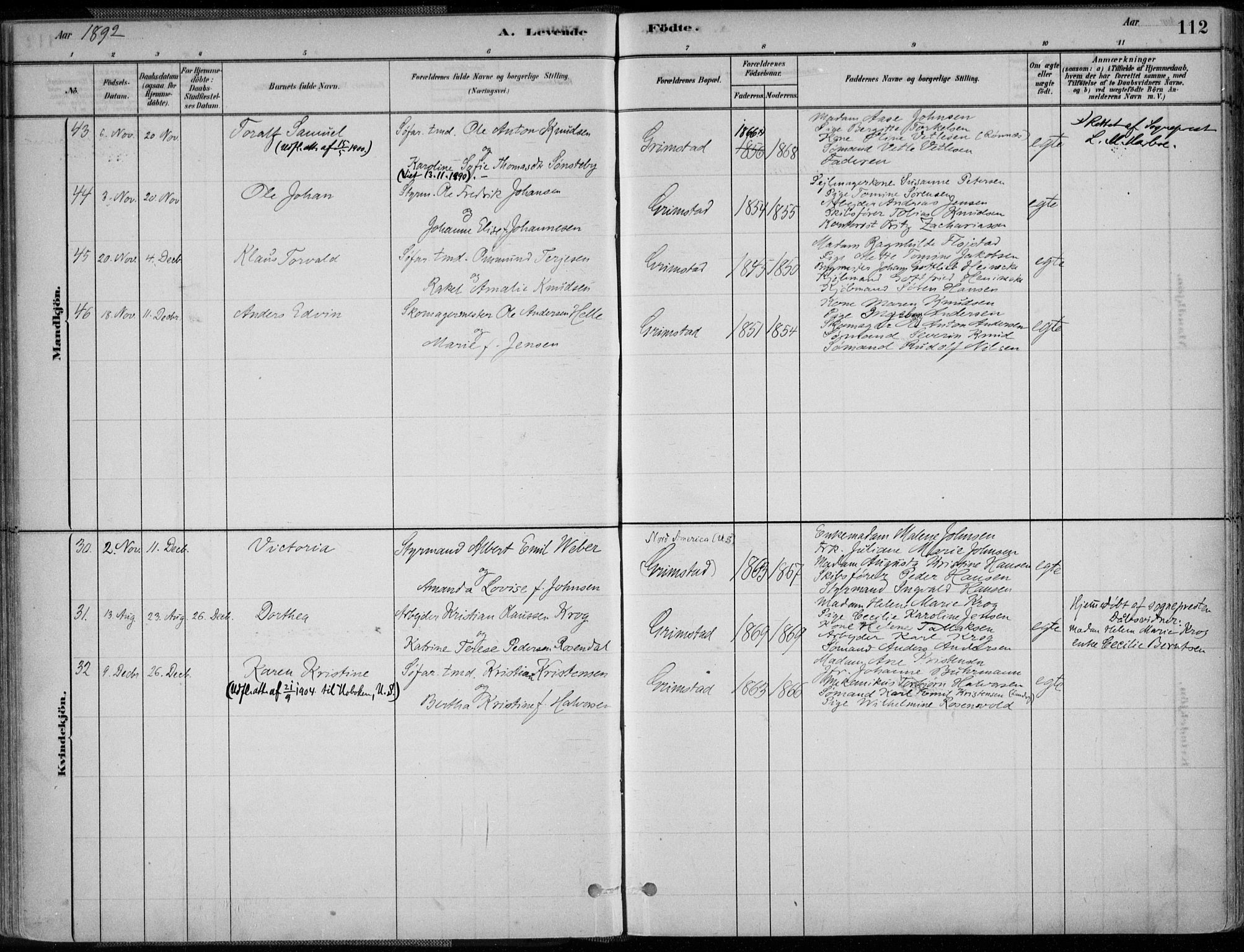 Grimstad sokneprestkontor, SAK/1111-0017/F/Fa/L0003: Parish register (official) no. A 2, 1882-1912, p. 112