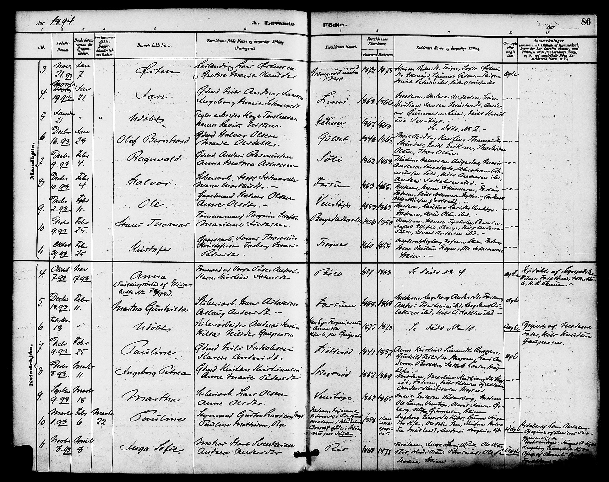 Gjerpen kirkebøker, SAKO/A-265/F/Fa/L0010: Parish register (official) no. I 10, 1886-1895, p. 86