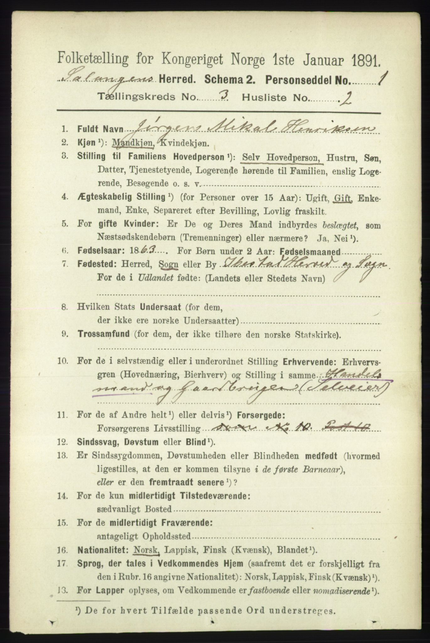 RA, 1891 census for 1921 Salangen, 1891, p. 1239