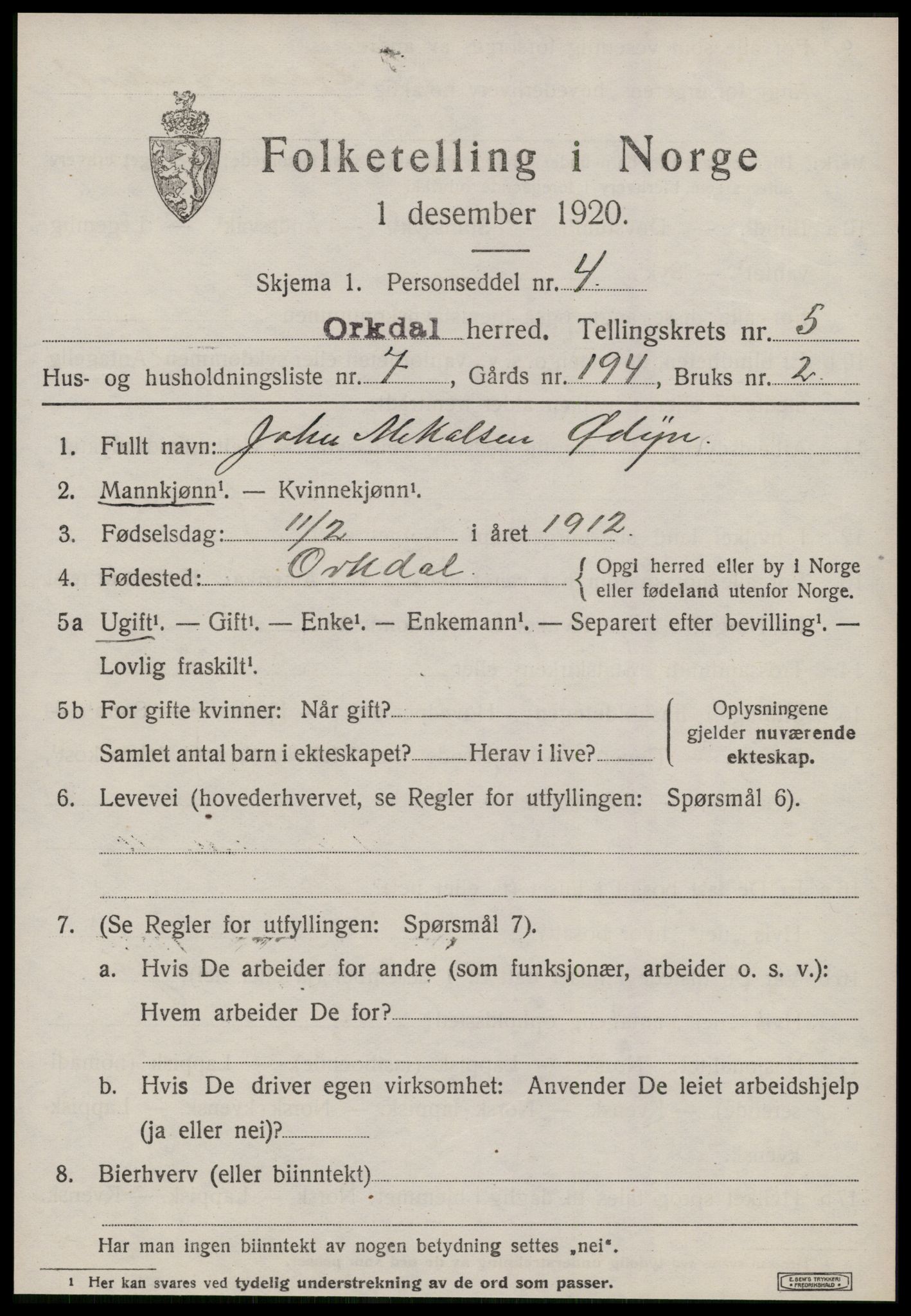 SAT, 1920 census for Orkdal, 1920, p. 4696