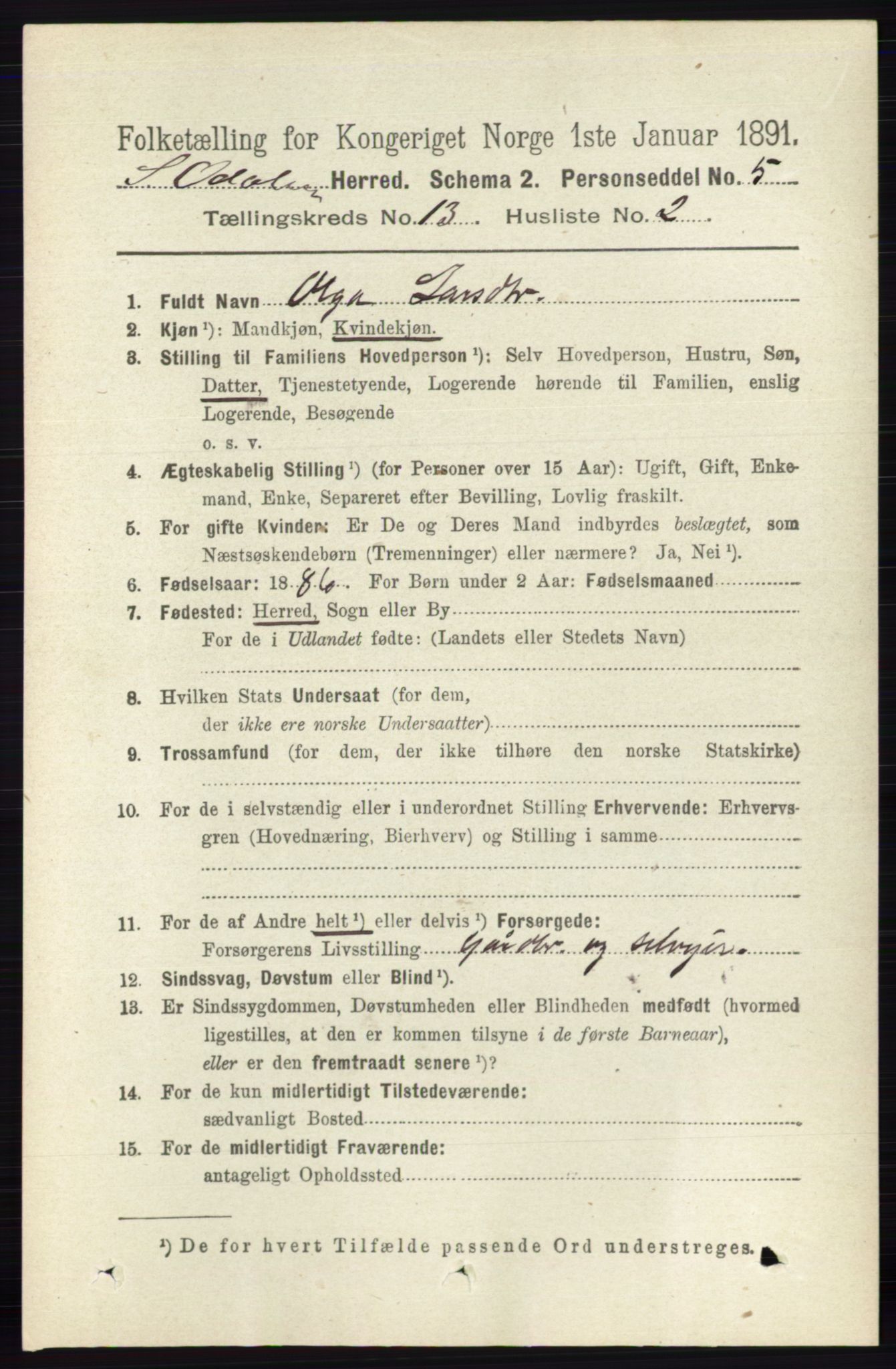 RA, 1891 census for 0419 Sør-Odal, 1891, p. 5573