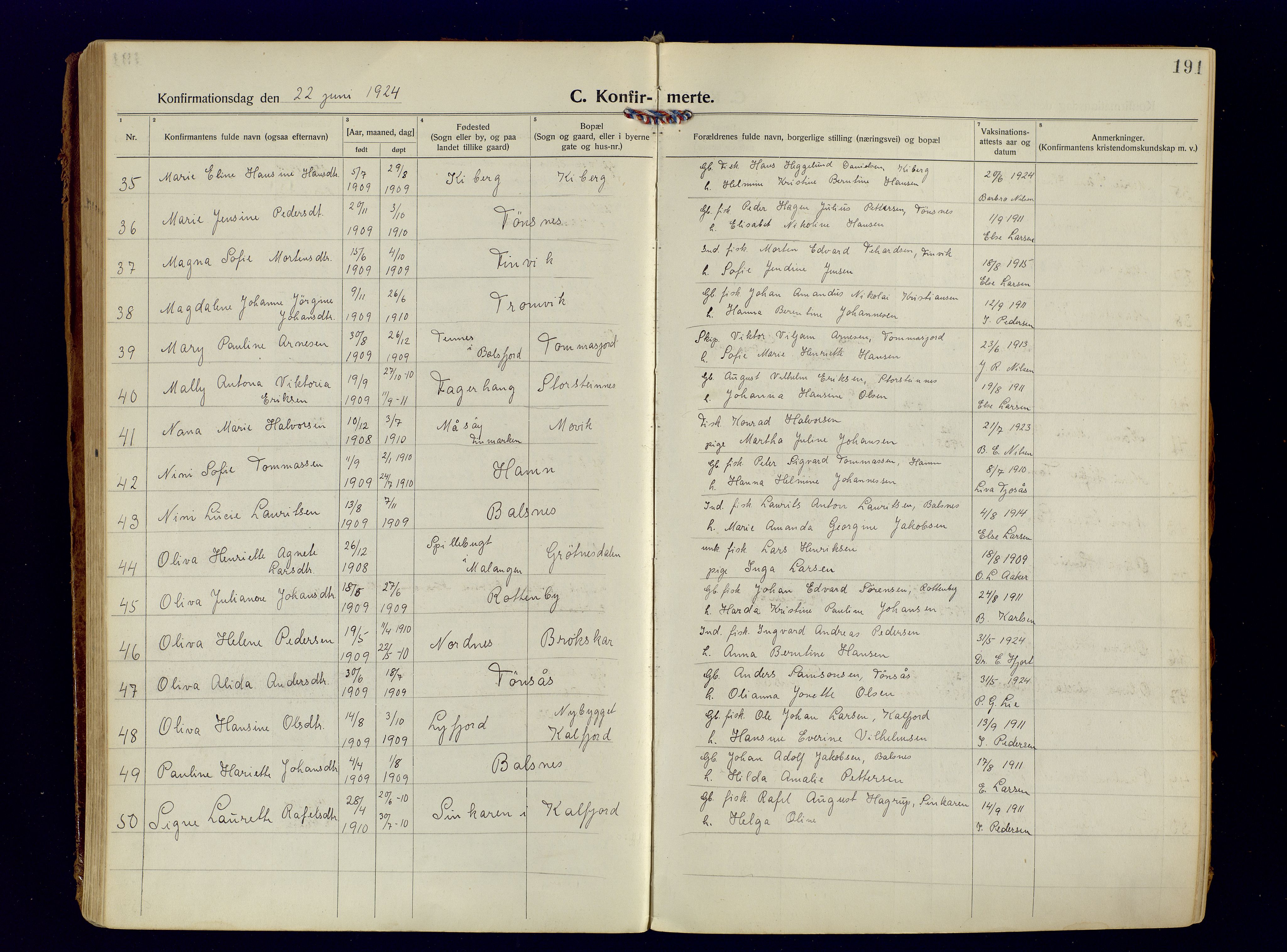 Tromsøysund sokneprestkontor, AV/SATØ-S-1304/G/Ga/L0009kirke: Parish register (official) no. 9, 1922-1934, p. 191