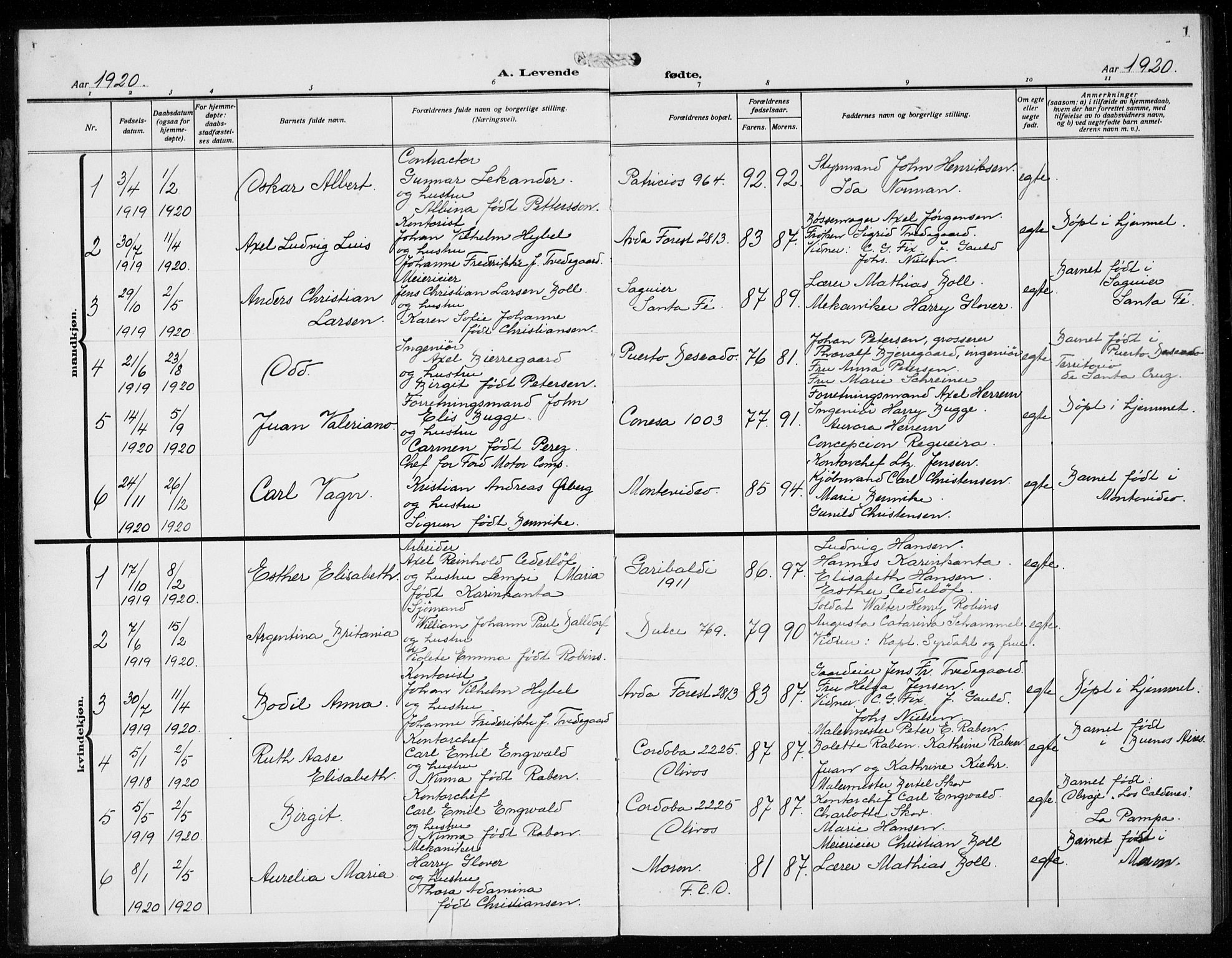 Den norske sjømannsmisjon i utlandet/Syd-Amerika (Buenos Aires m.fl.), SAB/SAB/PA-0118/H/Ha/L0003: Parish register (official) no. A 3, 1920-1938, p. 1