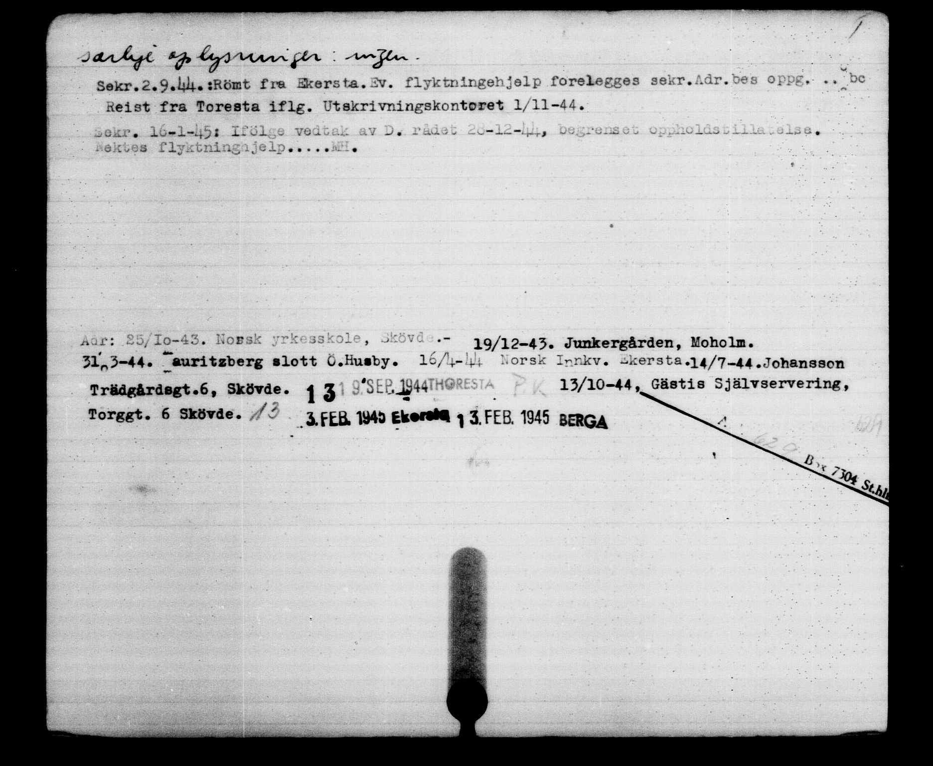 Utenriksstasjonene, Legasjonen i Stockholm, Flyktningkontoret, AV/RA-S-6753/V/Va/L0002: Kjesäterkartoteket, flyktninger med registreringsnr. 1001-2000, 1940-1945, p. 15