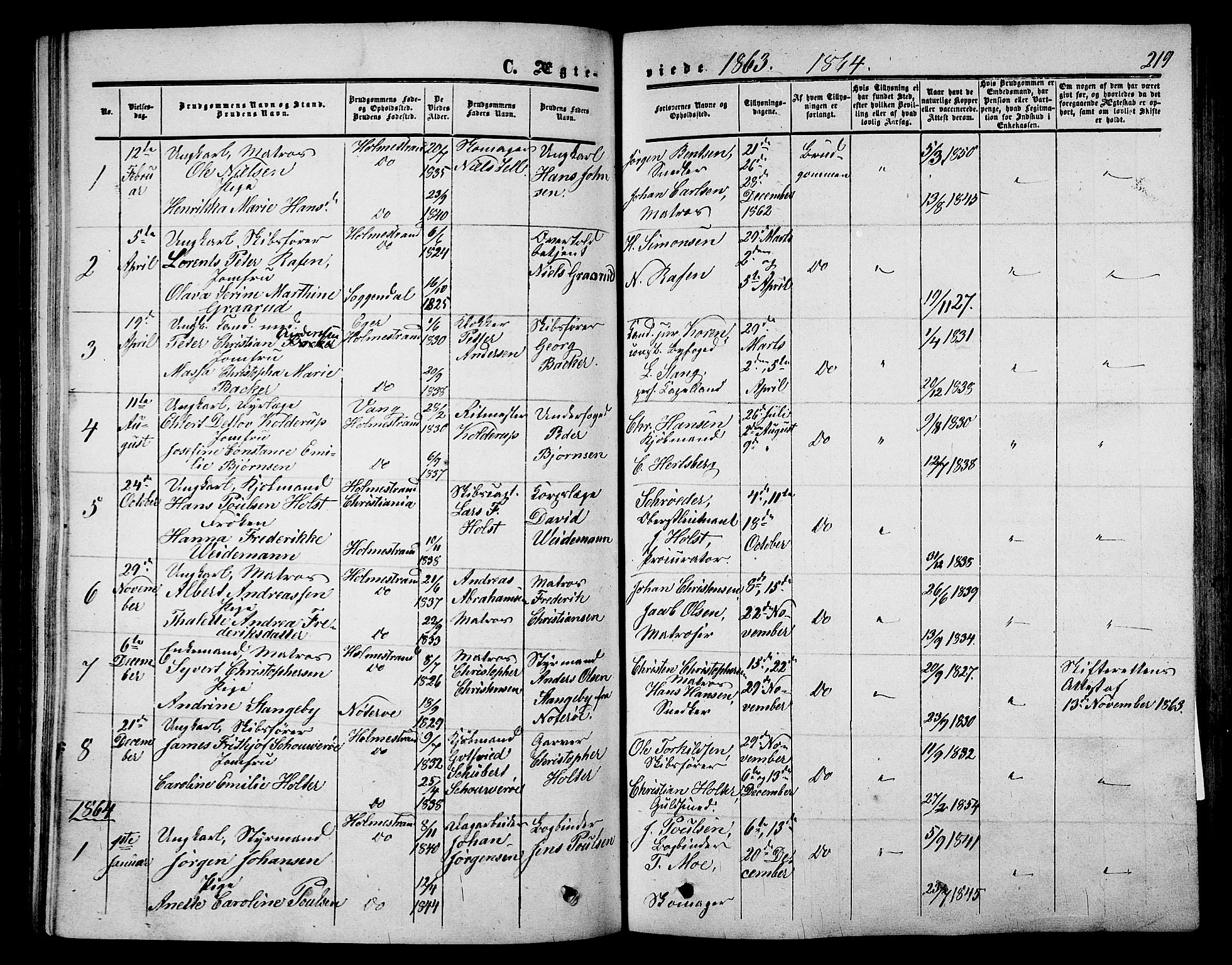 Holmestrand kirkebøker, AV/SAKO-A-346/G/Ga/L0003: Parish register (copy) no. 3, 1849-1874, p. 219