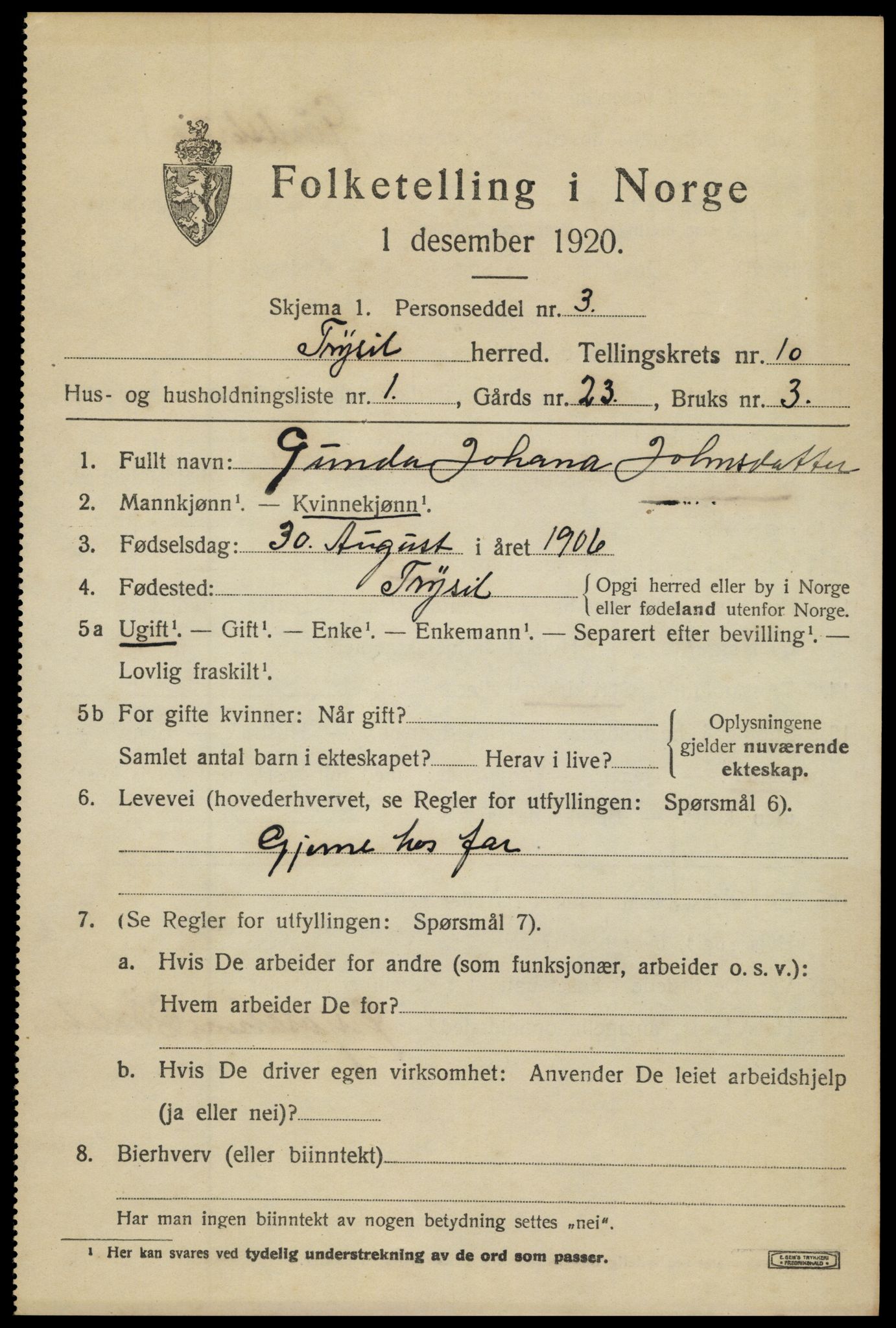 SAH, 1920 census for Trysil, 1920, p. 6867