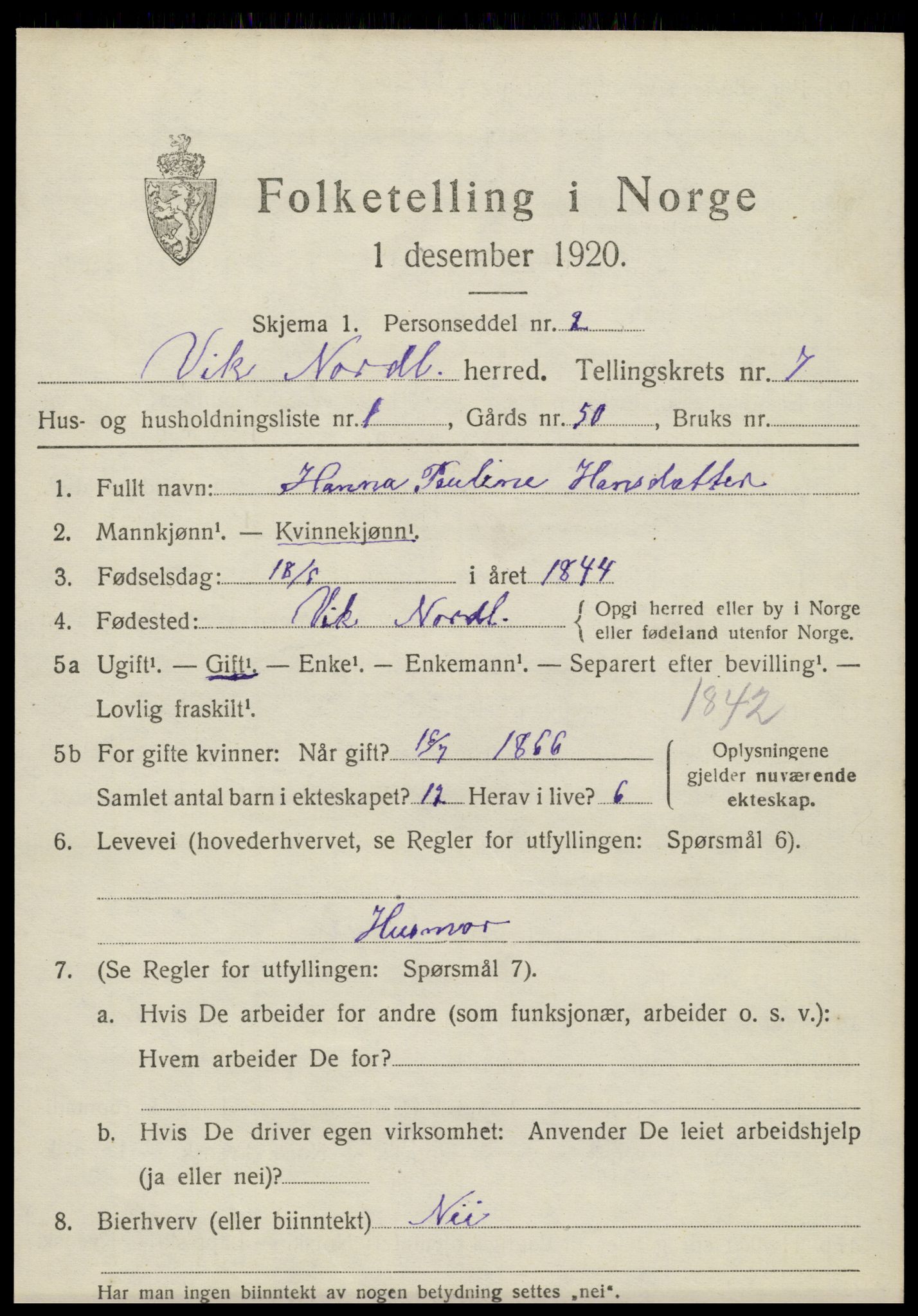 SAT, 1920 census for Vik, 1920, p. 4445