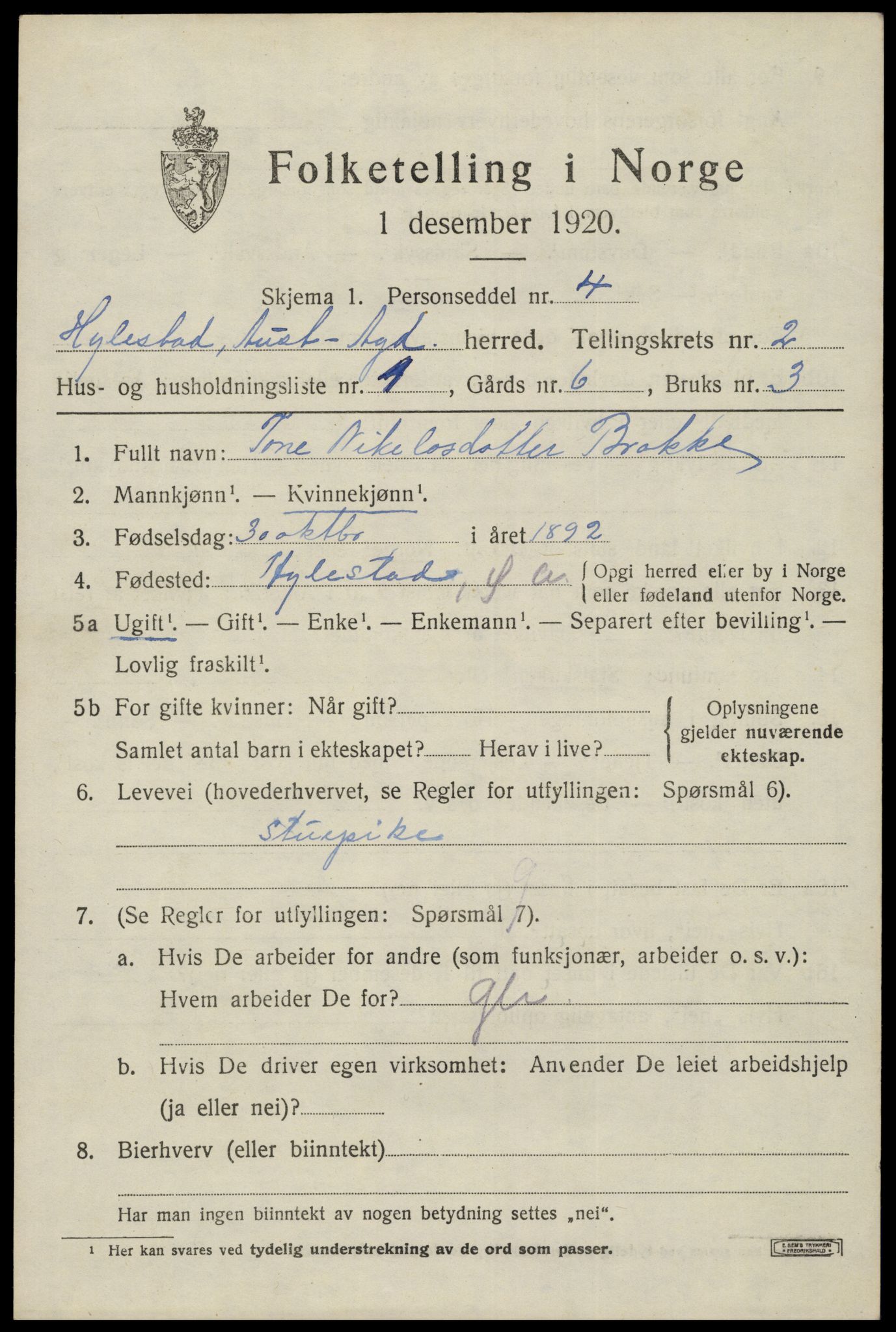 SAK, 1920 census for Hylestad, 1920, p. 468