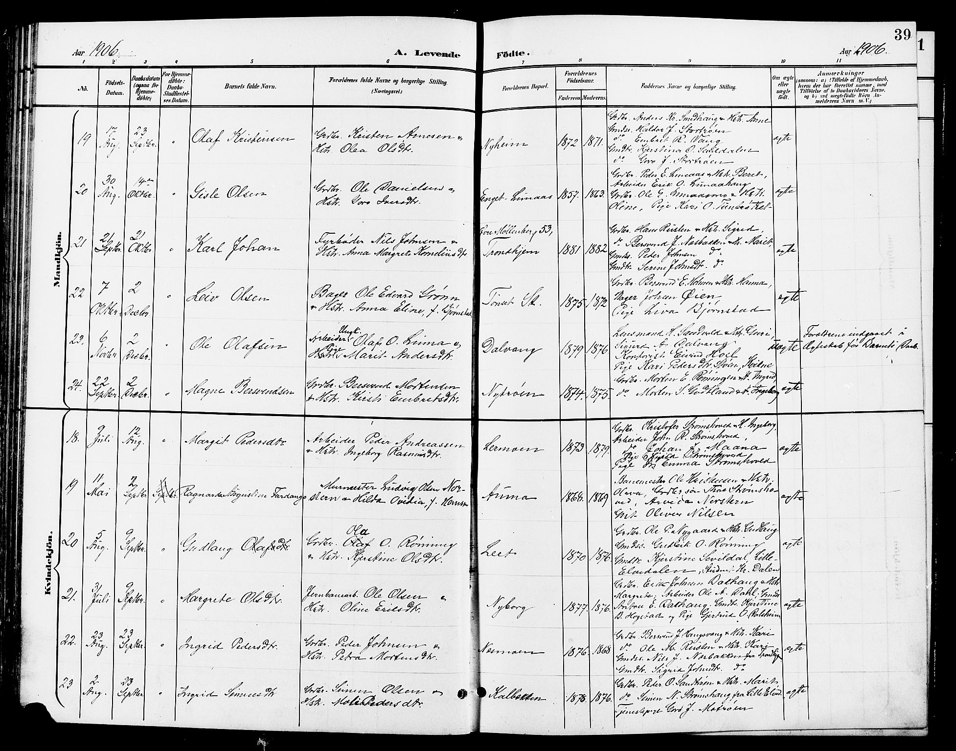 Tynset prestekontor, SAH/PREST-058/H/Ha/Hab/L0009: Parish register (copy) no. 9, 1900-1914, p. 39