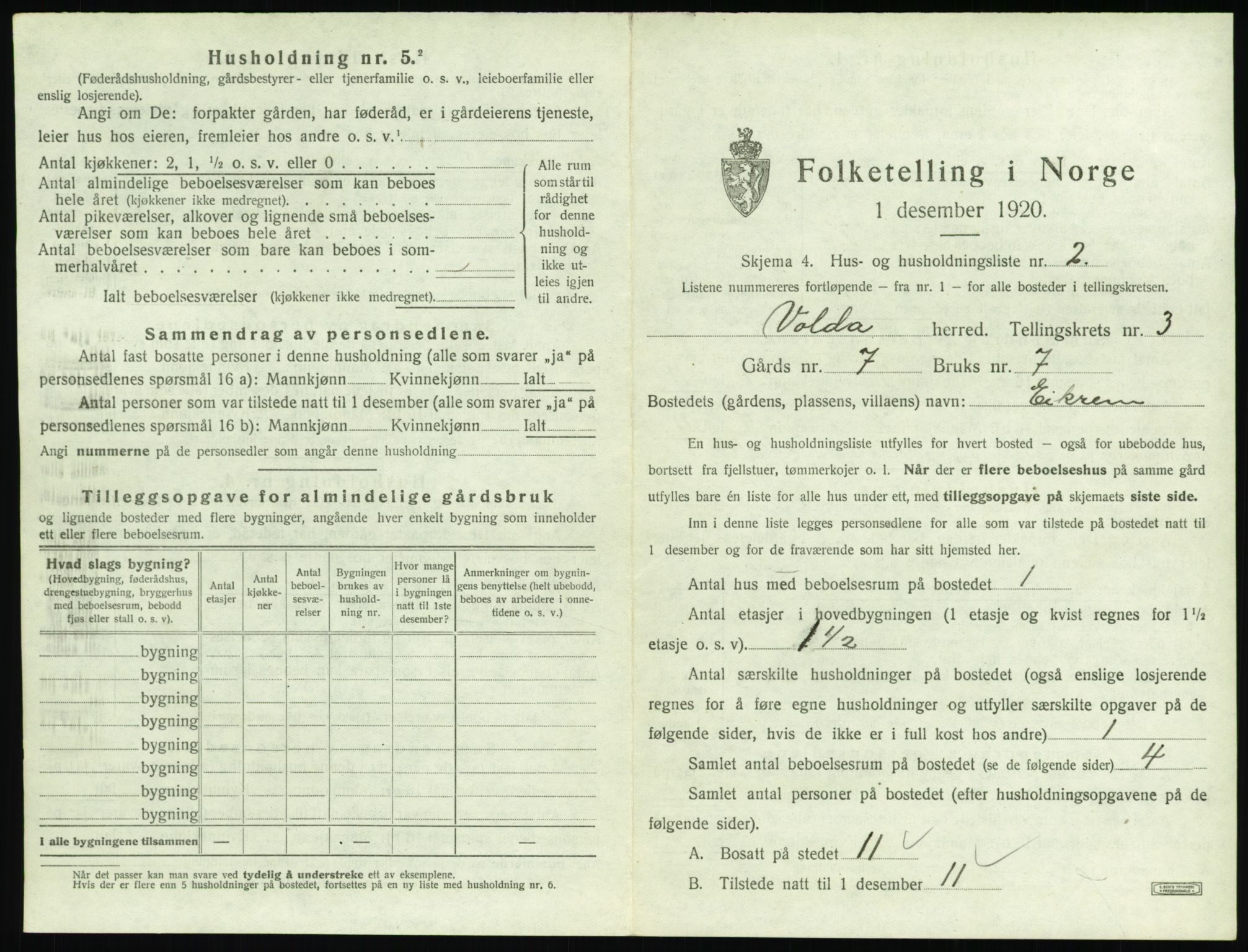 SAT, 1920 census for Volda, 1920, p. 174