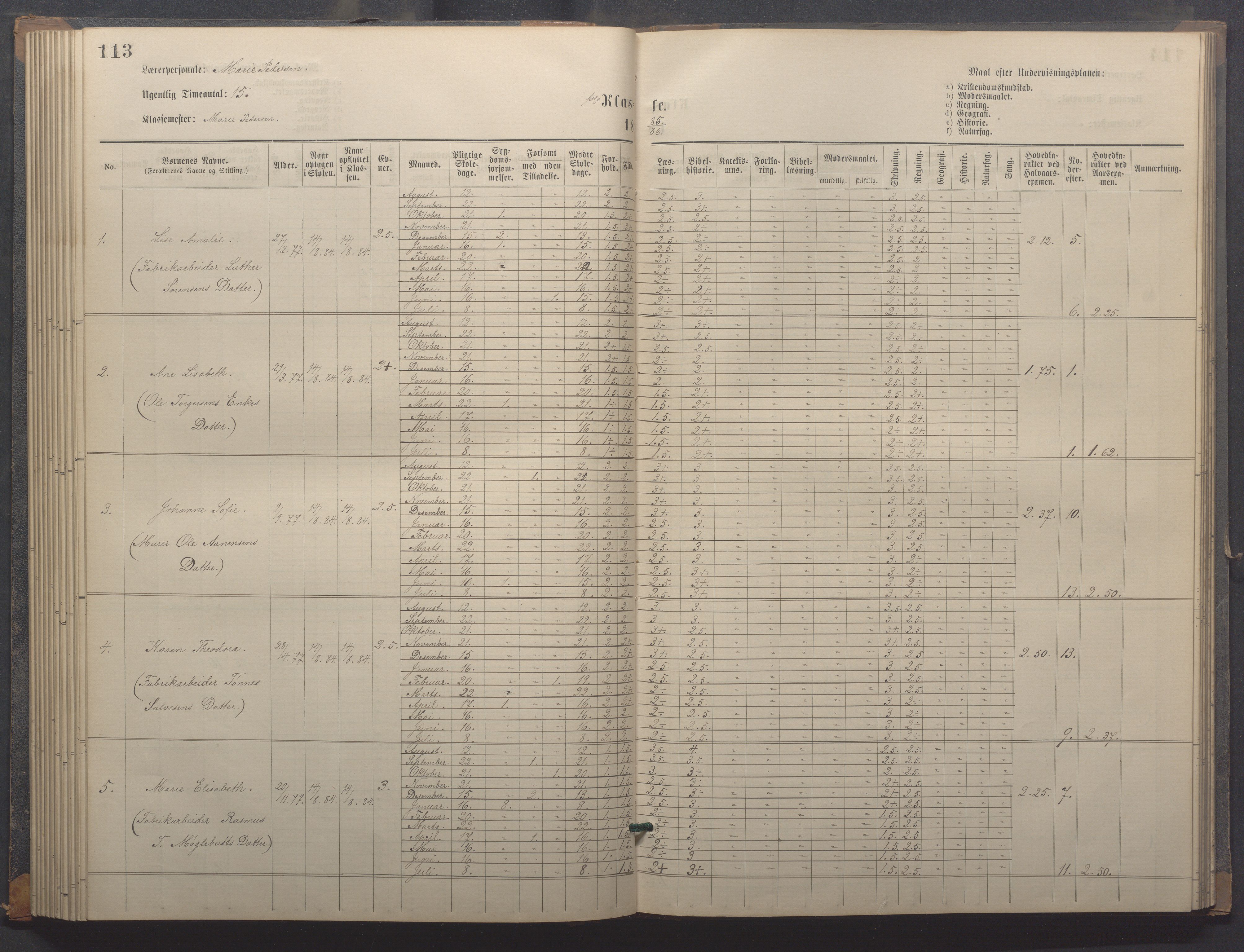 Egersund kommune (Ladested) - Egersund almueskole/folkeskole, IKAR/K-100521/H/L0018: Skoleprotokoll - Almueskolen, småbarnklasse, 1878-1889, p. 113