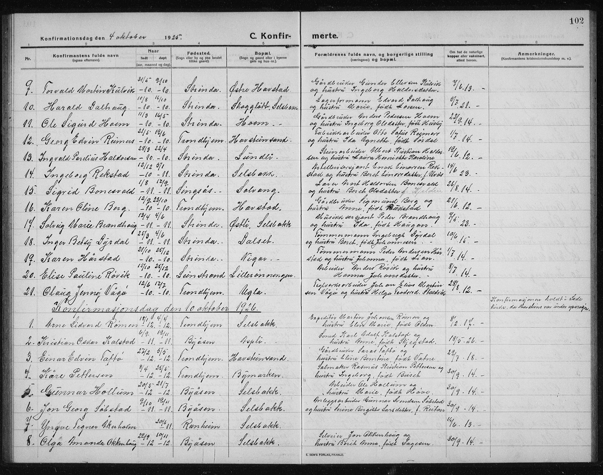 Ministerialprotokoller, klokkerbøker og fødselsregistre - Sør-Trøndelag, SAT/A-1456/611/L0356: Parish register (copy) no. 611C04, 1914-1938, p. 102