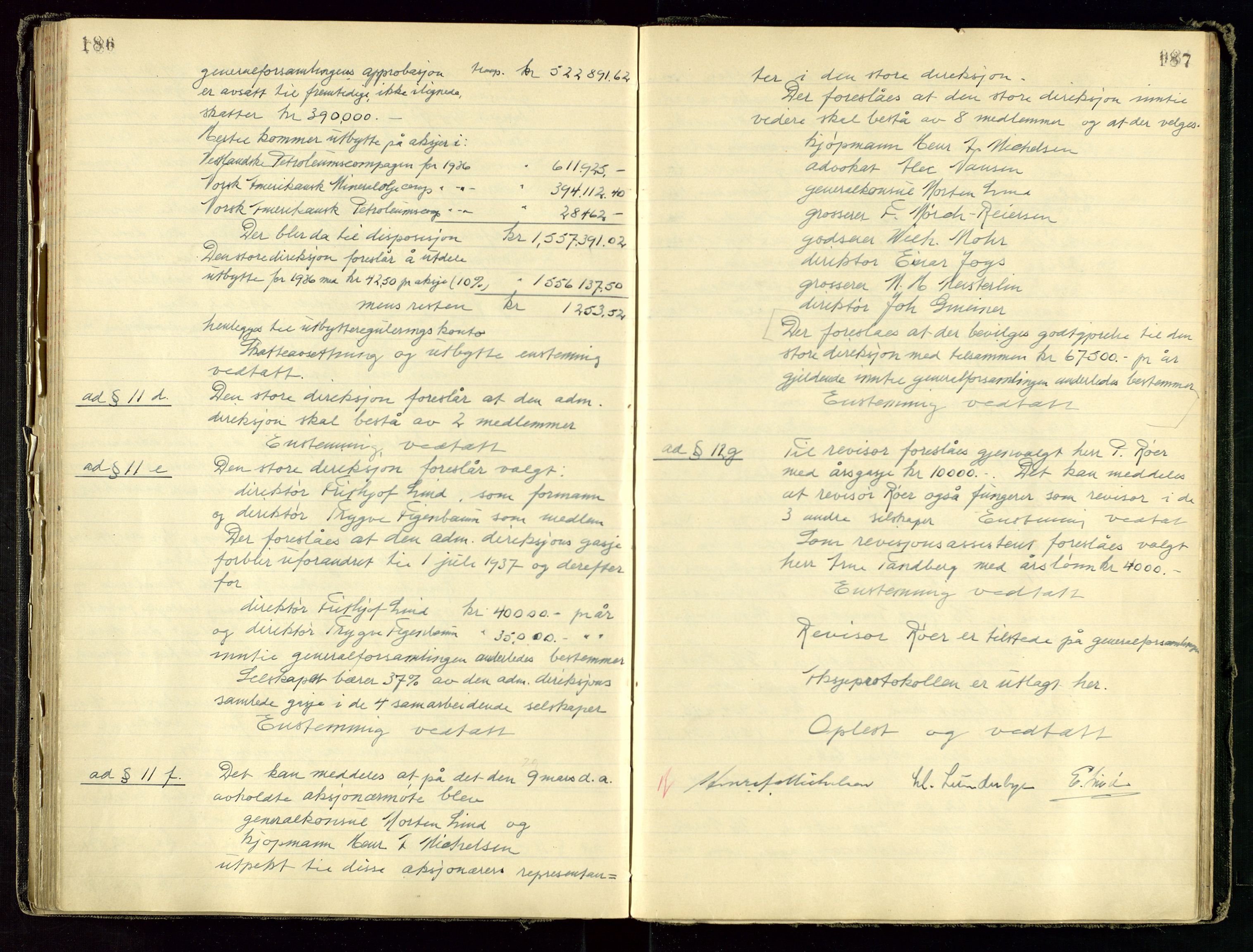 PA 1534 - Østlandske Petroleumscompagni A/S, SAST/A-101954/A/Aa/L0001/0001: Generalforsamlinger og direksjonsprotokoller. / Protokoll for generalforsamlinger, 1892-1960, p. 186-187