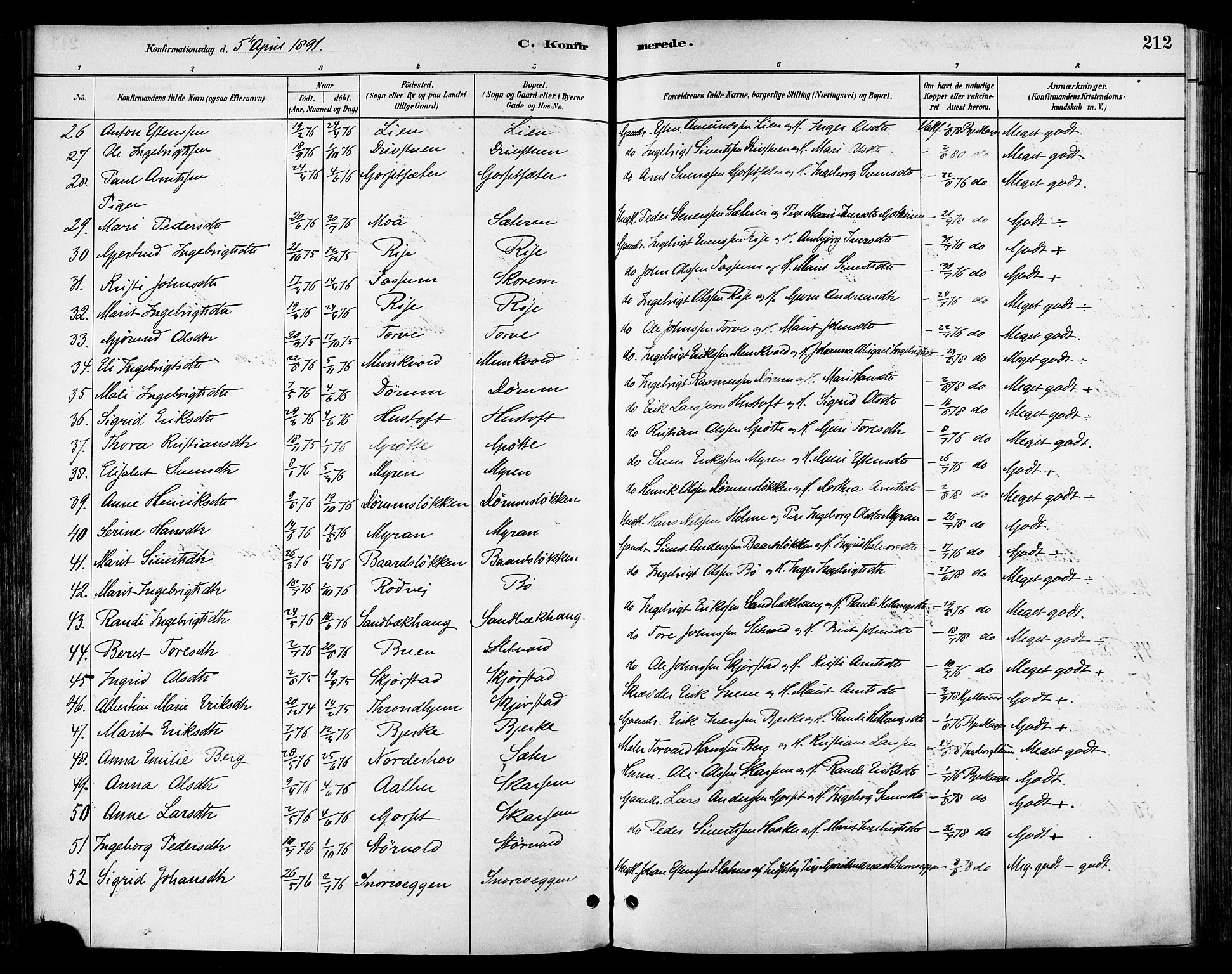 Ministerialprotokoller, klokkerbøker og fødselsregistre - Sør-Trøndelag, SAT/A-1456/678/L0901: Parish register (official) no. 678A10, 1881-1894, p. 212