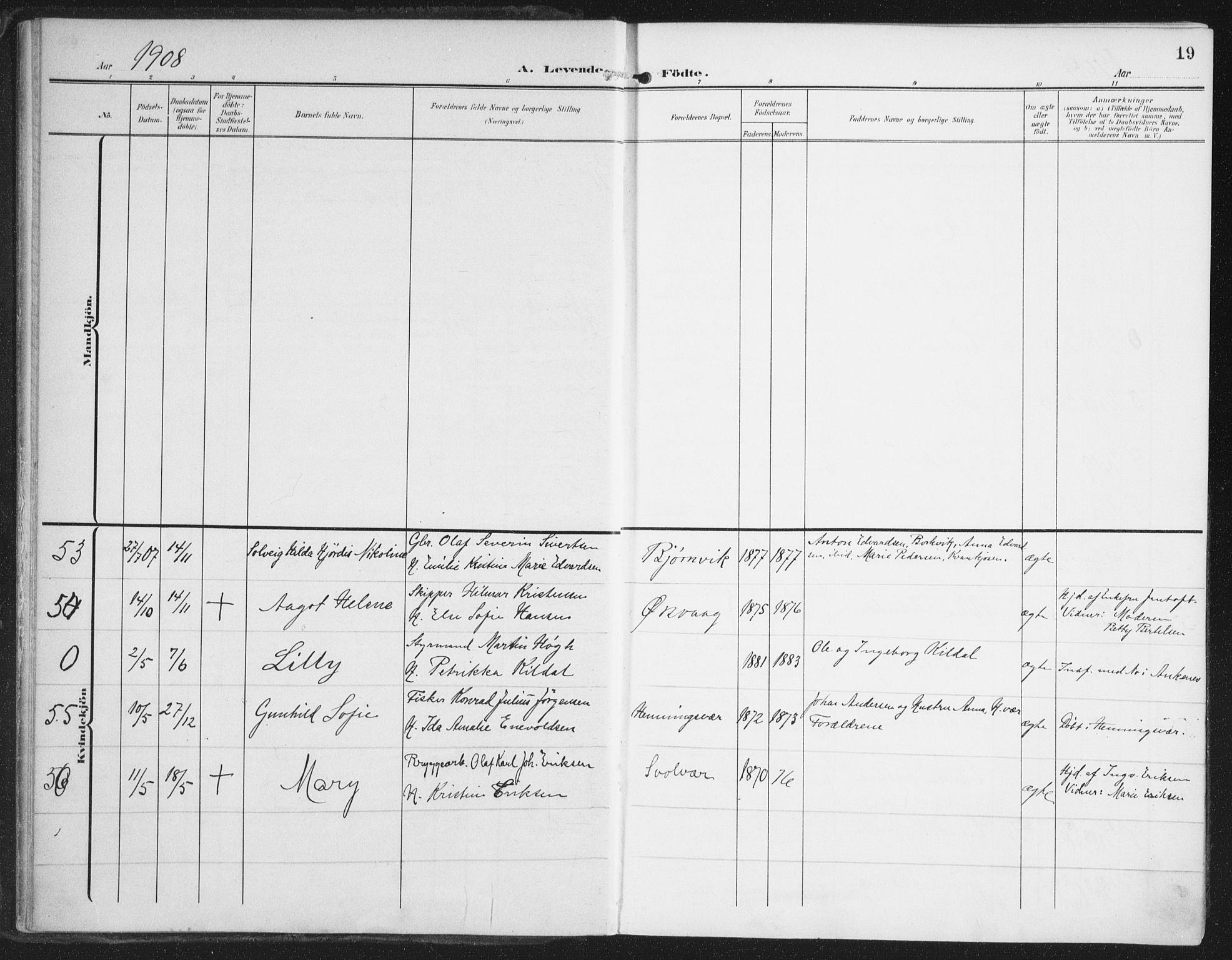 Ministerialprotokoller, klokkerbøker og fødselsregistre - Nordland, SAT/A-1459/874/L1063: Parish register (official) no. 874A07, 1907-1915, p. 19