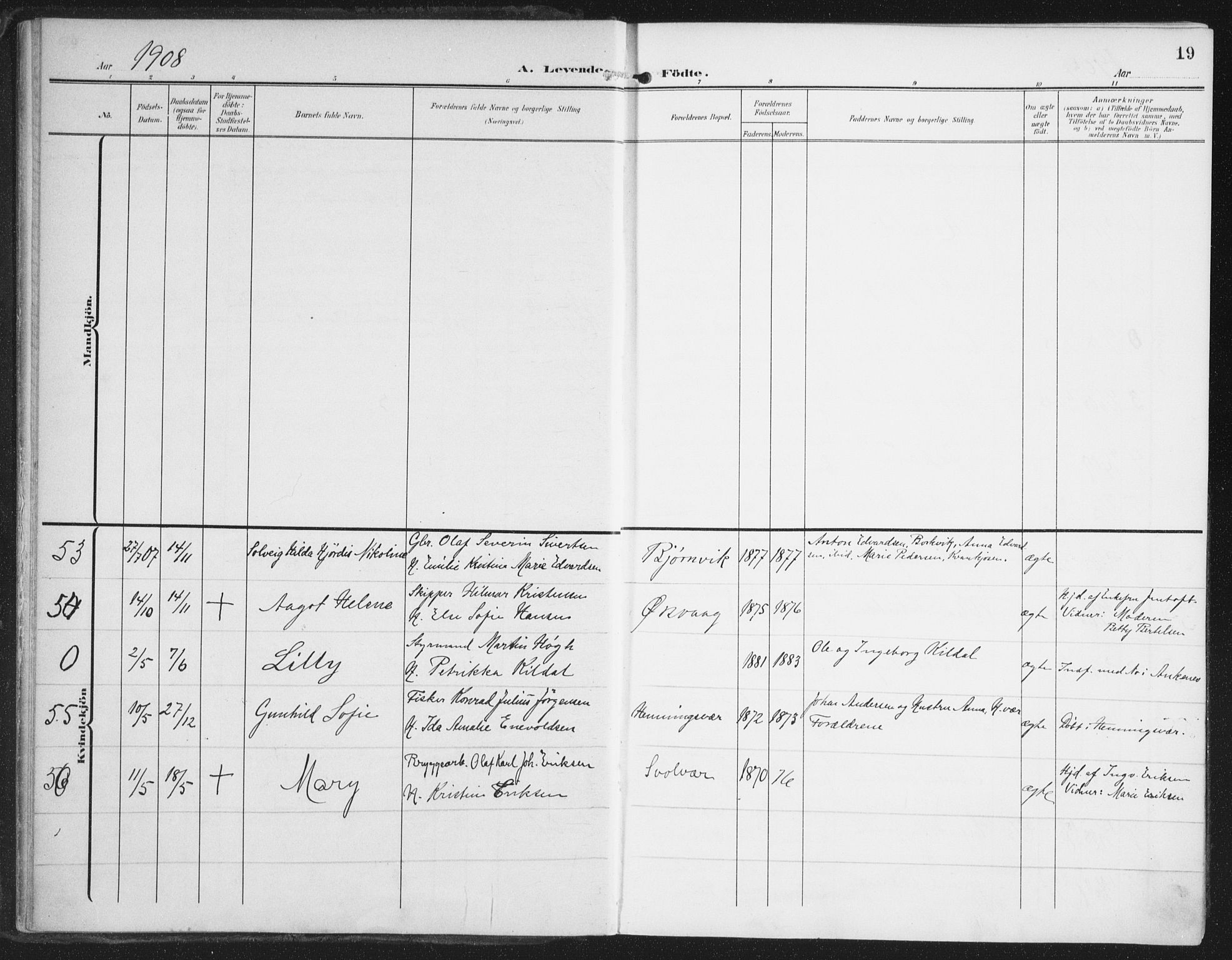 Ministerialprotokoller, klokkerbøker og fødselsregistre - Nordland, AV/SAT-A-1459/874/L1063: Parish register (official) no. 874A07, 1907-1915, p. 19